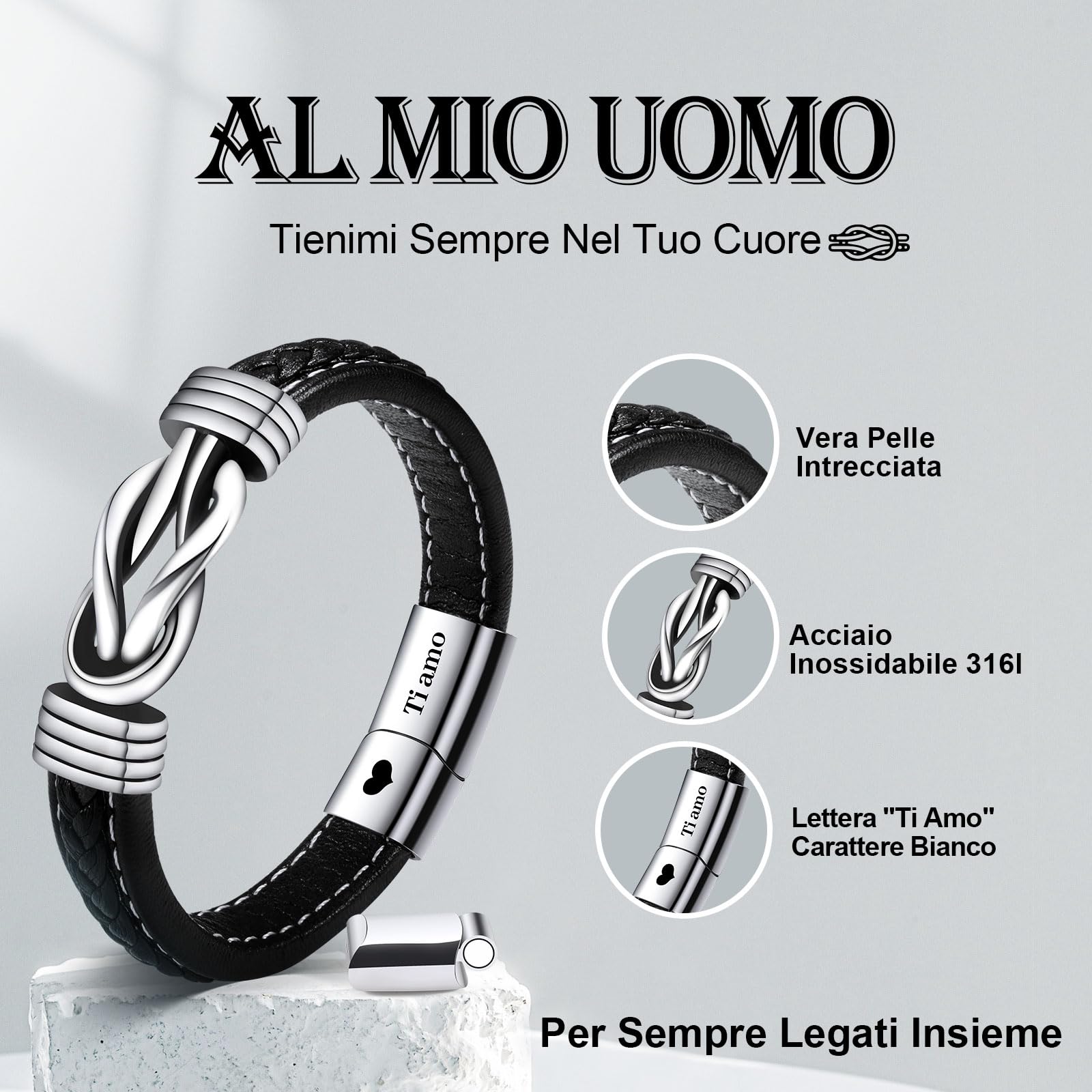 VU100 Regalo per Papà/Figlio/Uomo Bracciale in pelle per Uomo Bracciale Ti Amo Regalo per la Festa del Papà Regalo di compleanno per Figlio Fidanzato Marito Papà-Con Scatola Regalo