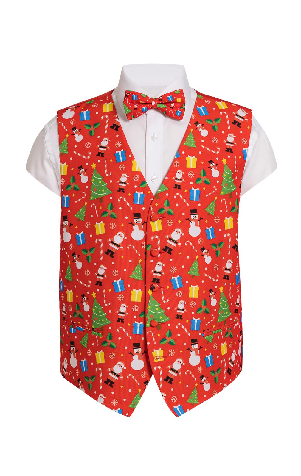 Dobell Mens Red Festive Fun Christmas Waistcoat, Bow Tie and Handkerchief Set-XL