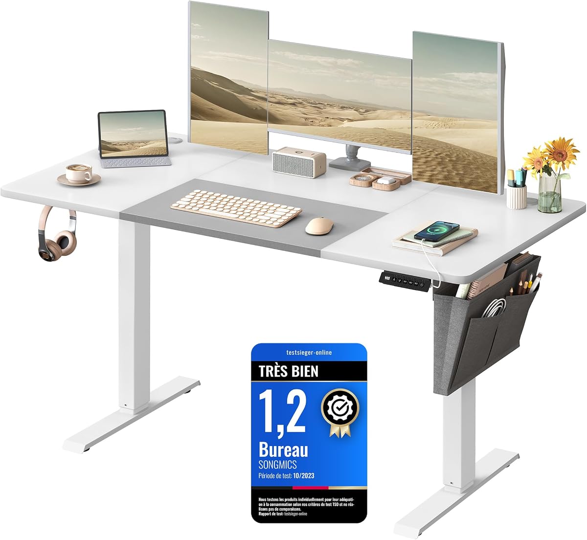 SONGMICS Bureau Électrique Réglable en Hauteur, 140 x 60 cm, Table Assis-Debout, Fonction Mémoire 4 Hauteurs, pour Bureau, Télétravail, Blanc Nuage et Gris Tourterelle LSD016W02