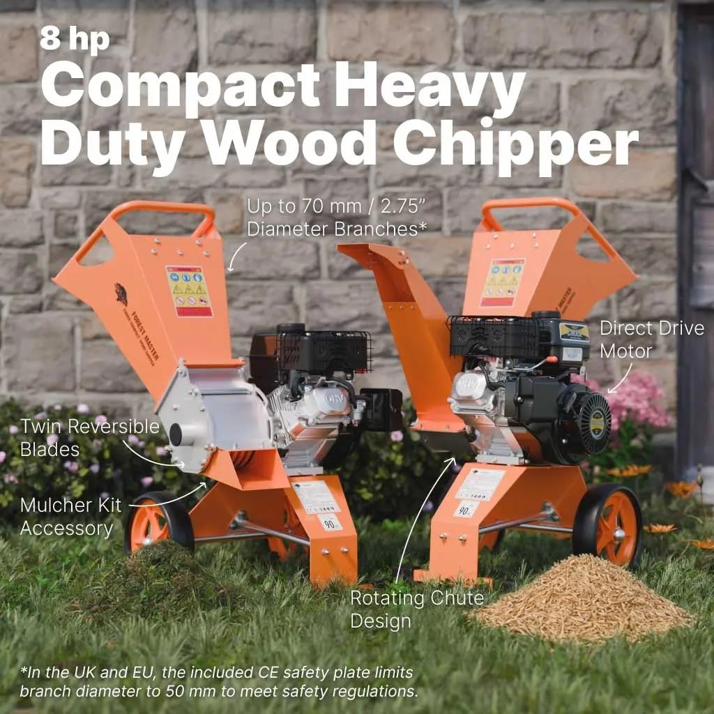 FM8DD - Cippatrice compatta per legno a benzina, motore da 8 HP per rifiuti da giardino, gestisce rami fino a 70 mm*, sistema di azionamento diretto con design anti-blocco, ingegnerizzata nel Regno