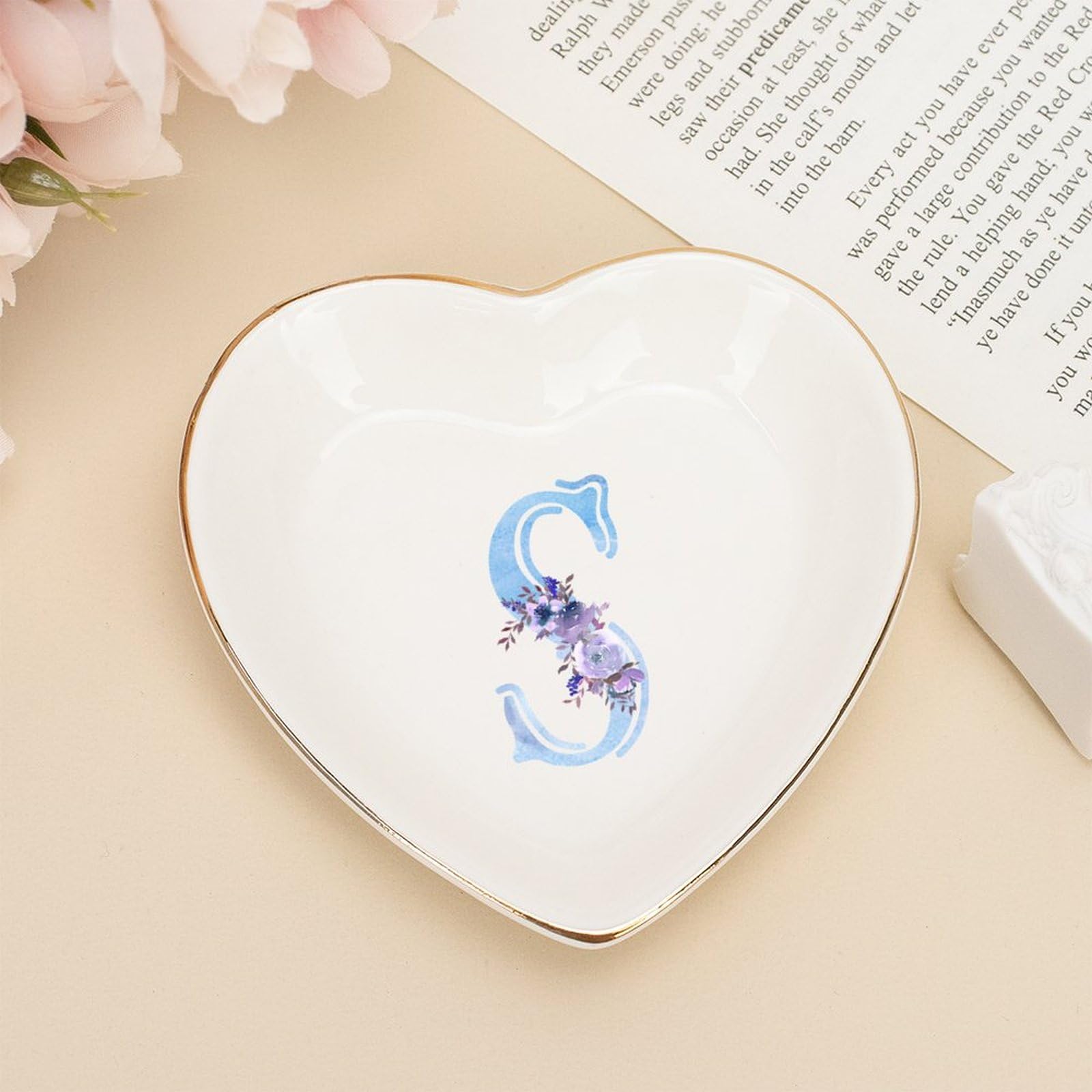 Plateau à bijoux en céramique personnalisé avec monogramme S, vide-poches cœur de 10cm