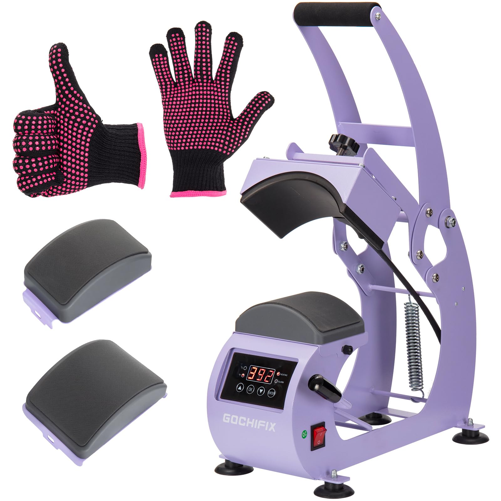 Prensa de calor GOCHIFIX con control preciso de temperatura y temporizador, placa de calor curva de 6,54 x 3,84 pulgadas, 2 almohadillas para gorras, base de seguridad para estiradores de gorras, máquina de prensado de gorras para sublimación de gorras, transferencia de calor de vinilo