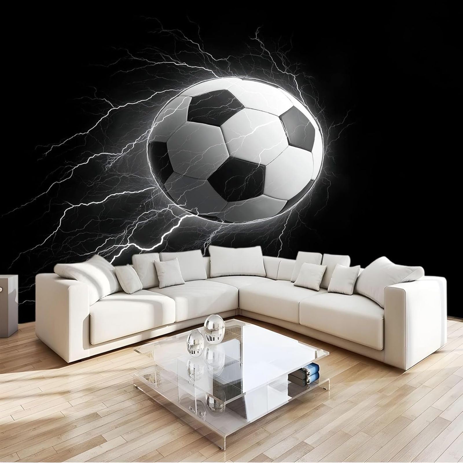 Fresque murale football 3D pour transformer le fond TV du salon en arène de sport moderne