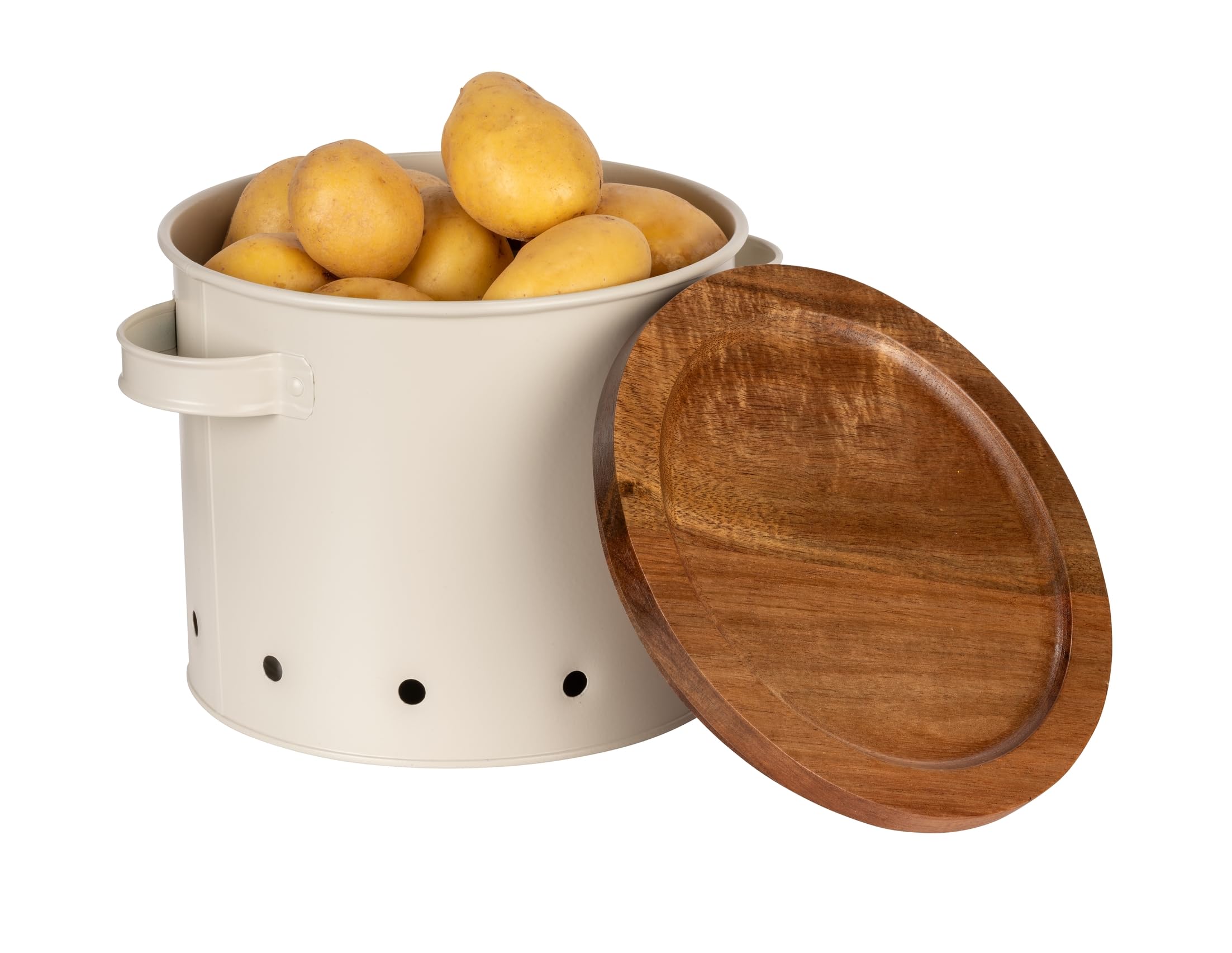 WENKO Aria Boîte de Rangement en métal avec Couvercle en Bois d'acacia perméable à l'air, diamètre 13,5 x 15 cm, Beige, métal revêtu par pulvérisation, crème, 1,6 l
