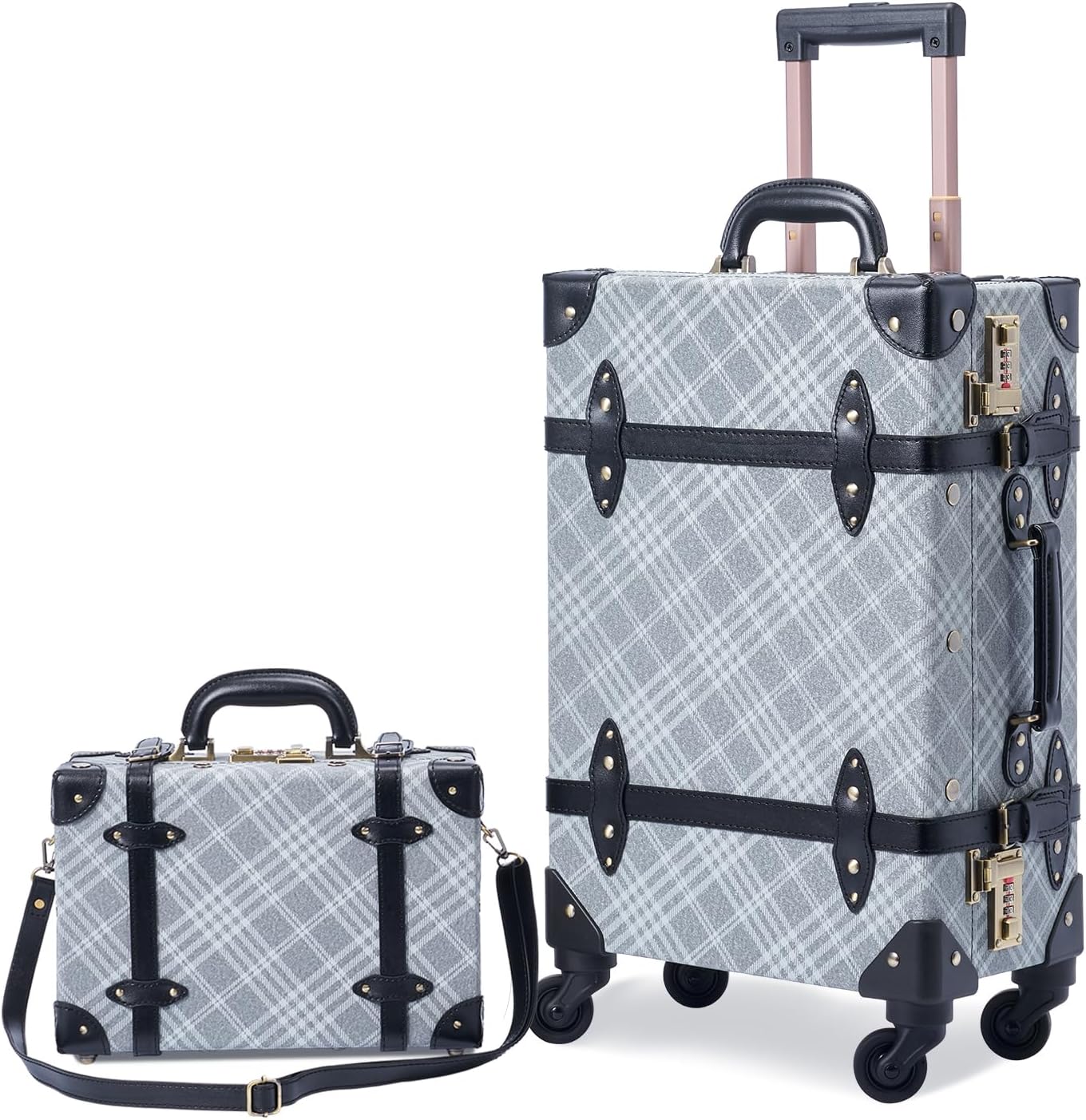 Vintage Carry on Suitcase Set, 2-Piece PU Leather Retro Luggage with Cosmetic Train Case for Weekend Trips Getaways (20"+12", Grey Plaid)