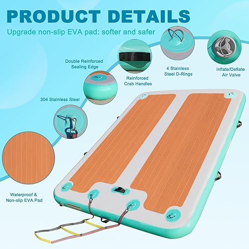 Miniatura 3 de AWSUM Muelle flotante inflable, superficie de madera EVA antideslizante de 8 pies10 pies, plataforma de natación inflable para lago, tapete de agua