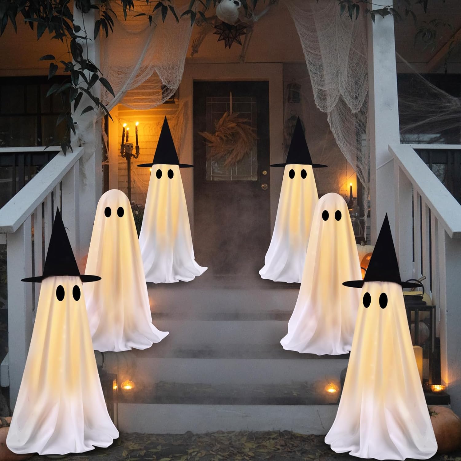6 Packs Halloween Ghosts Outdoor Decorations, Light Up Spooky Ghost with Hat for Halloween Party Favors Lighted Stakes for Yard Garden Grass Lawn Patio Pathway Outside Decor