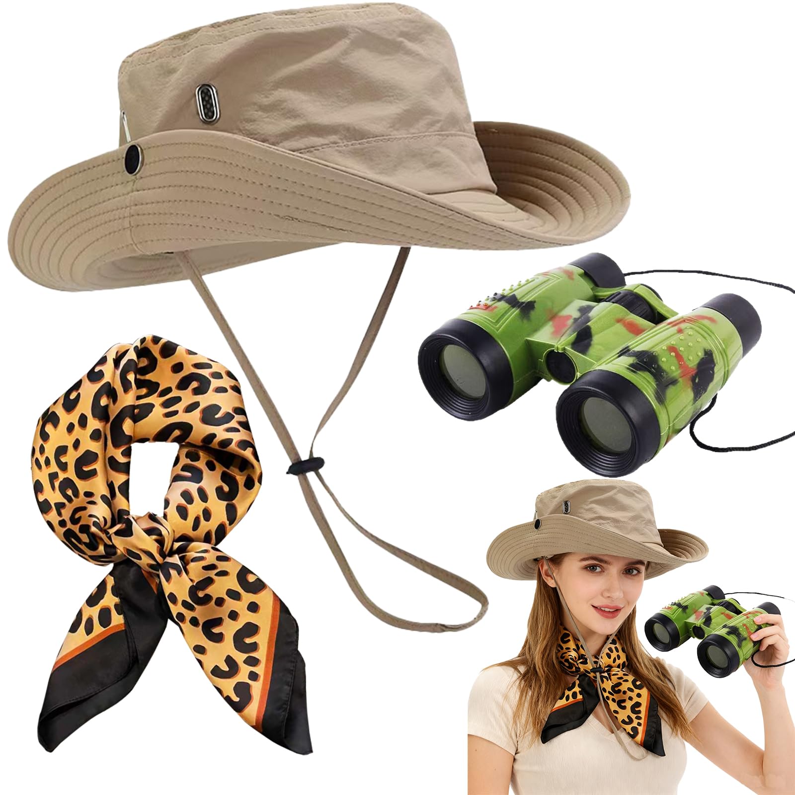 Disfraz de safari plegable para mujer, sombrero para el sol, disfraz de arqueólogo, disfraz de Halloween, sombrero de pescador/telescopio/banda para el cuello