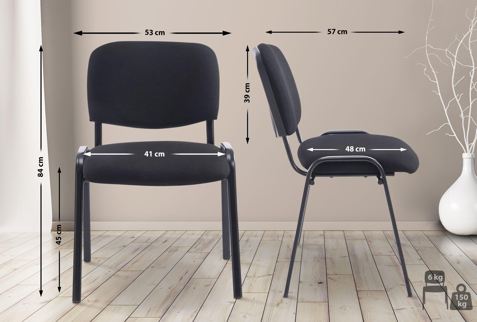 CLP Chaise De Visiteur Empilable Ken XL Tissu I Chaise De Salle D'Attente avec Dossier Et Assise Rembourrés I Piètement Métal Noir Mat, Couleur:Noir