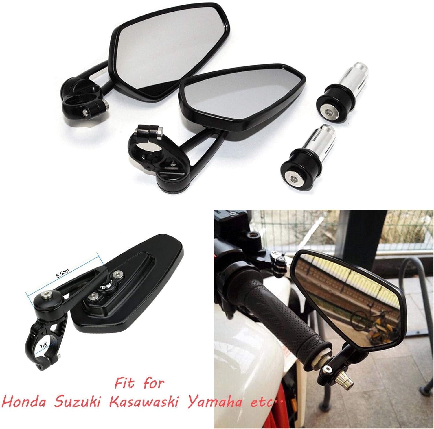 Black Motorcycle 7/8" Handle Bar End Mirrors For Yamaha FZ09 FZ07 2015-2017 For Kawasaki Z1000 / Z750 / ER-6F / ER-6N For CB1000R For Suzuki GSF1250 600 / SV650 1000