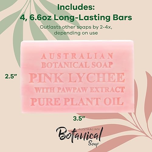Miniatura 4 de Australian Botanical Soap Barras de jabón de lujo de lichi rosa con extracto de papaya de 6.6 onzas, enriquecidas con manteca de karité, adecuadas