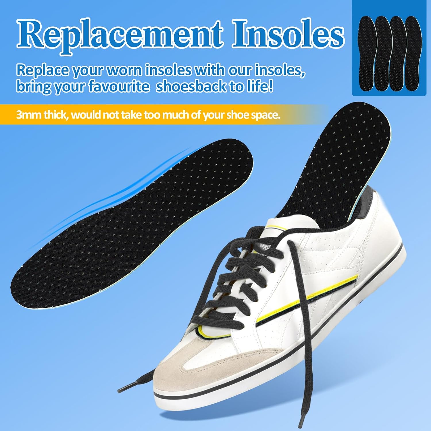 Sintege 8 Pcs Thin Mens Insoles Shoe Inserts with Laces Set, Black image 5