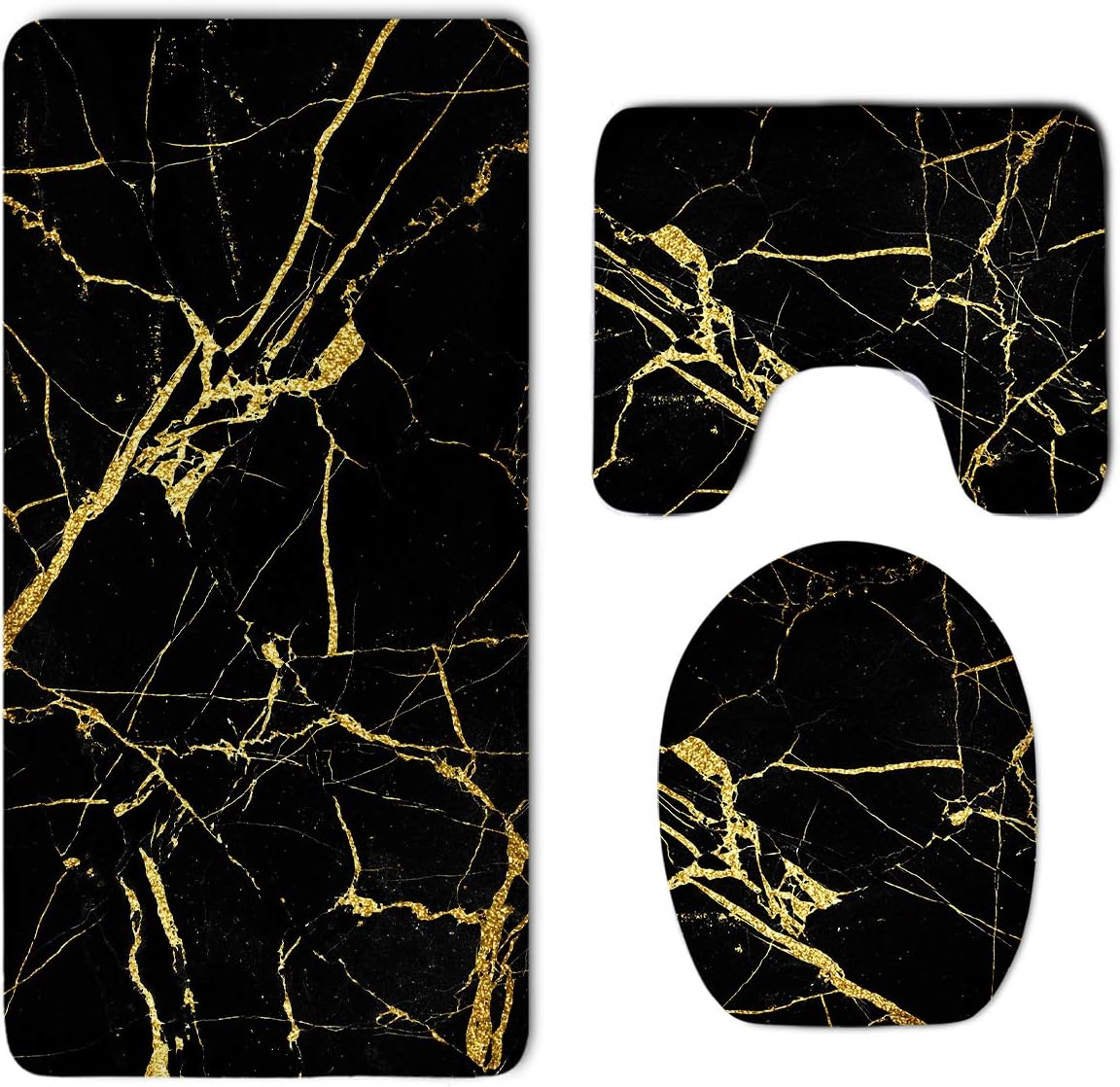 Gold and Black Marble Texture Bathroom 3-Piece Mat Sets Pedestal Mat+Lid Toilet Cover+Bath Mat Doormat Non-Slip Rug
