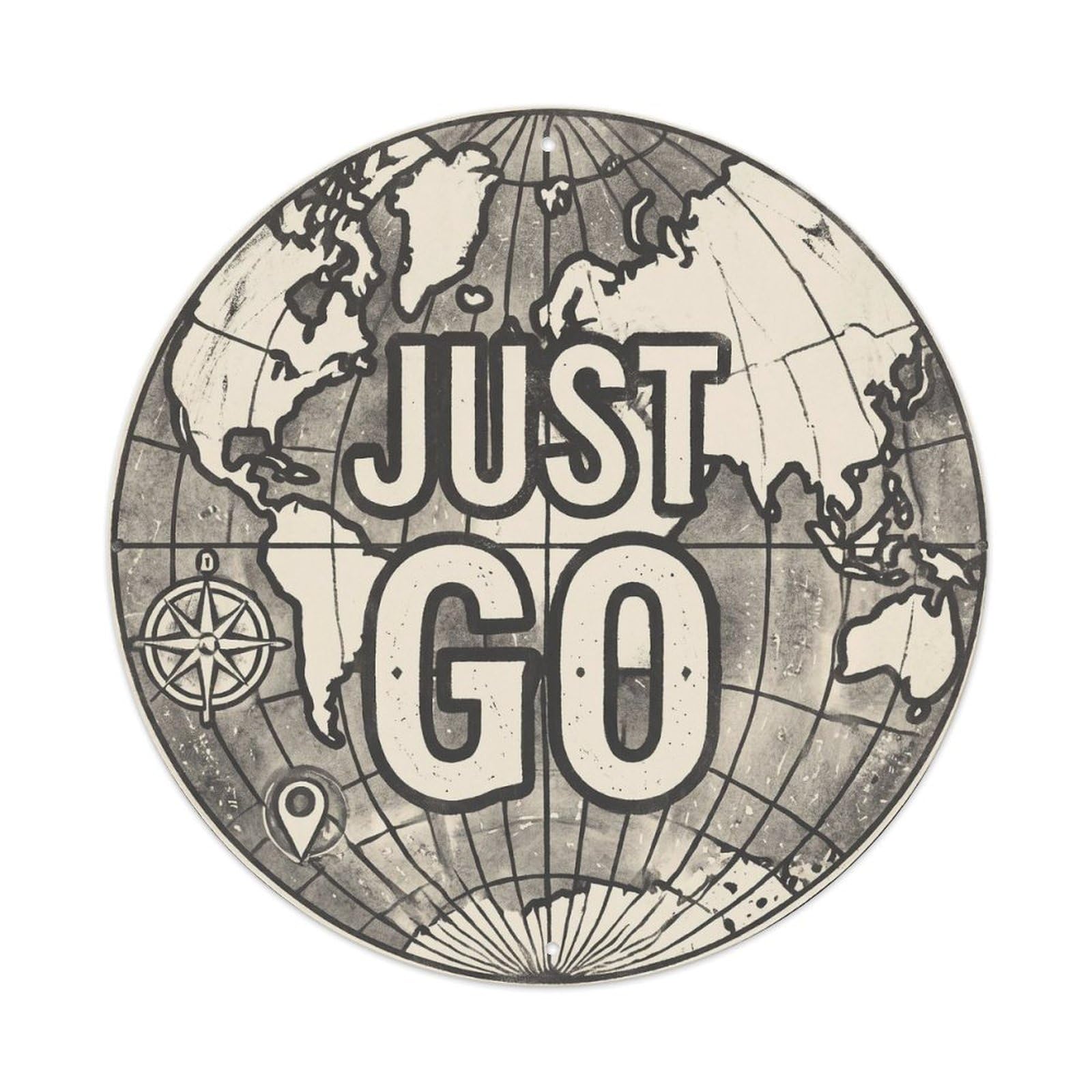 Vintage World Map with Compass Just Go Step Metal Tin Sign
