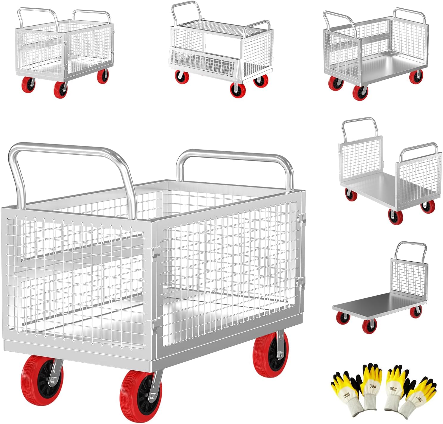 5IN1 Heavy Duty Platform Truck with Cage 44x28 Hand Truck Extra Large Version, 2200lbs Capacity Basket Cart with Wheels, Push Dolly with 6” Swivel Casters, Versatile Flatbed 44×28 IN