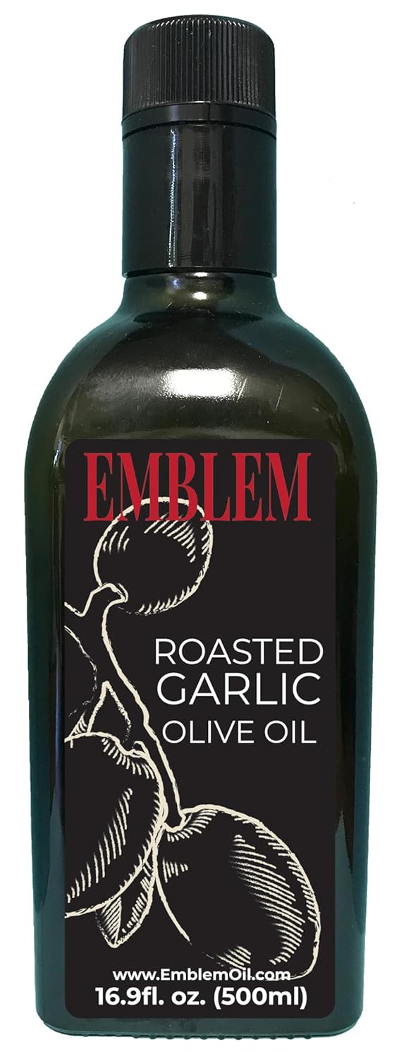 Emblem 100% Extra Virgin and Infused Olive Oil for Everyday Kitchen Use | Cold Extracted, Cooking & Baking | Non GMO, Keto, Vegan Friendly 500ml (Roasted Garlic)