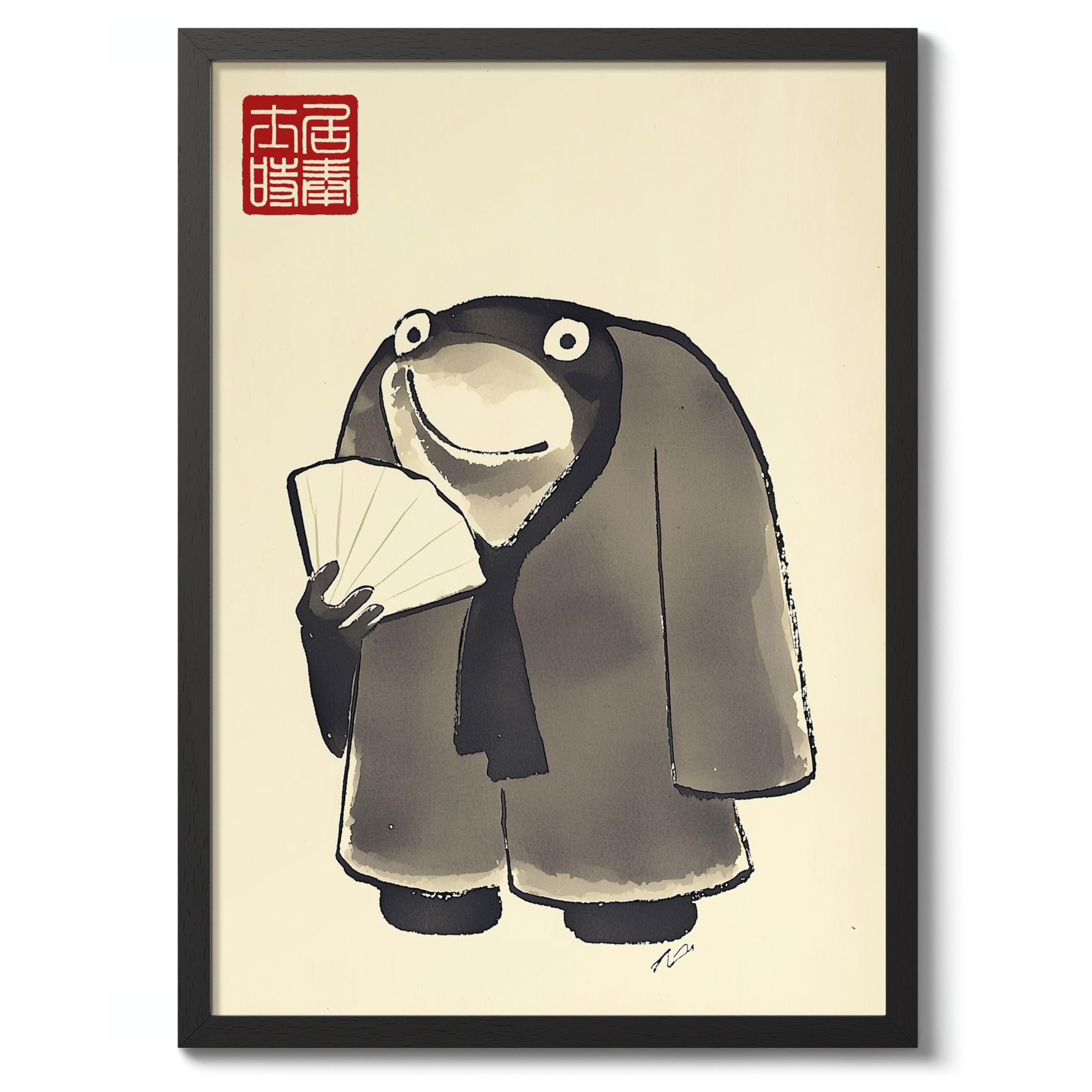 Frog With Single Fan Matsumoto Hoji Poster, Japanese Woodblock Art Prints, Ukiyo-e Painting, Minimalist Zen Wall Art, Bedroom Home Decor, A3 (Black Frame) - 45x32.8cm โ image 1