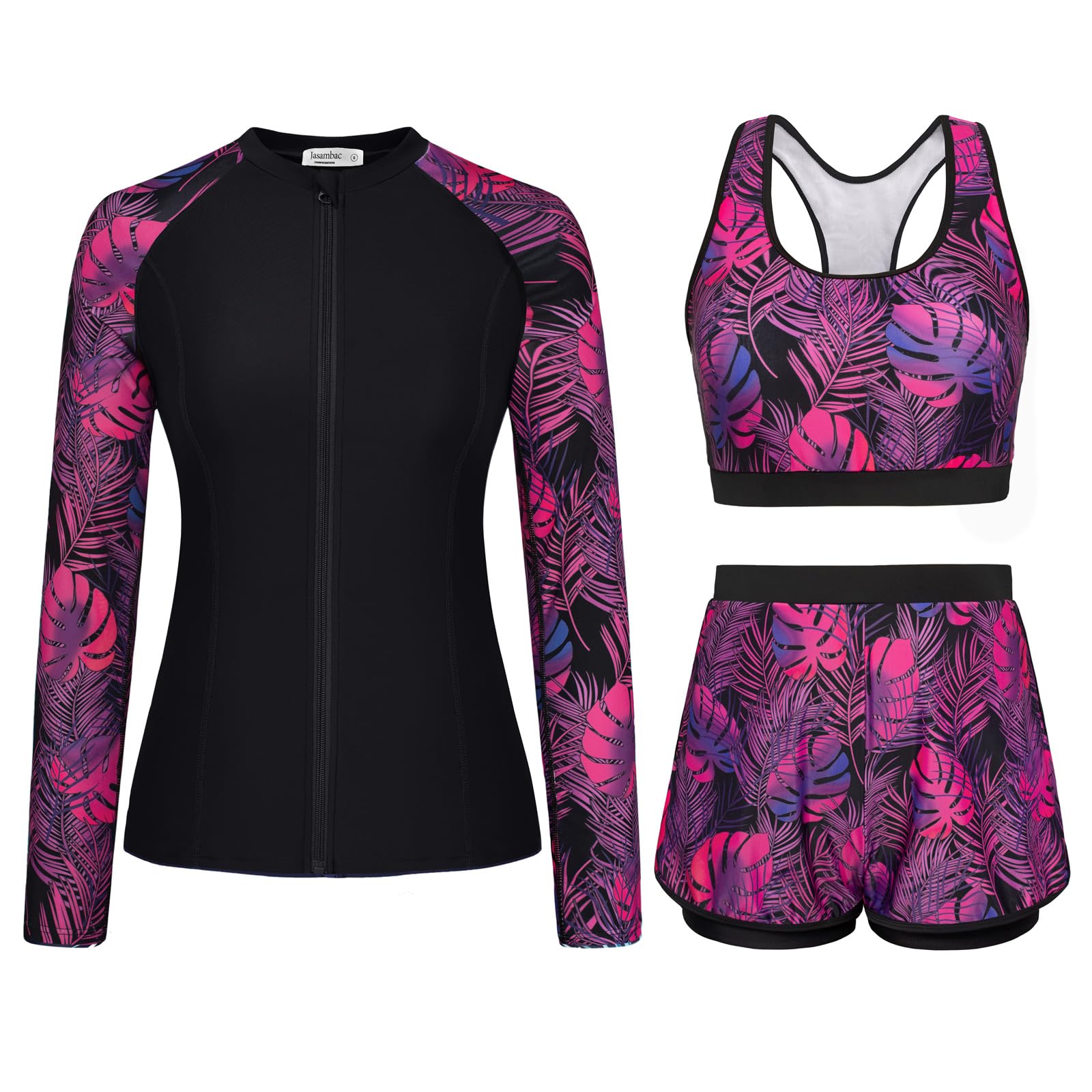 JASAMBAC 3 Piece Rash Guard for Women Long Sleeve Swimsuits Bathing Suit 2026 UPF 50 Swim Shirt with