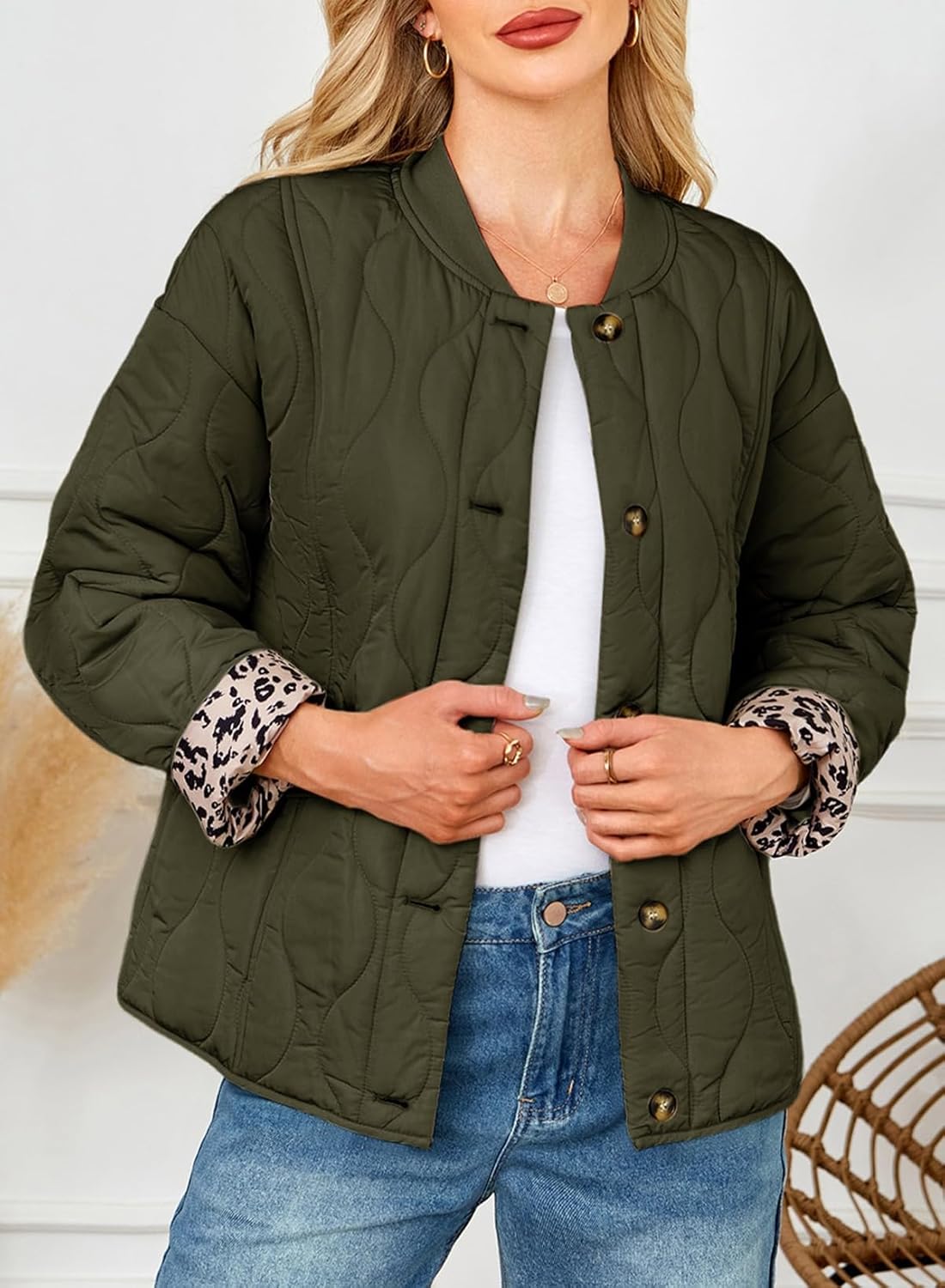 Dokotoo Casual Quilted Jackets for Women Button Down Leopard Puffer Jacket Womens Winter Coats with Pockets - Image 3