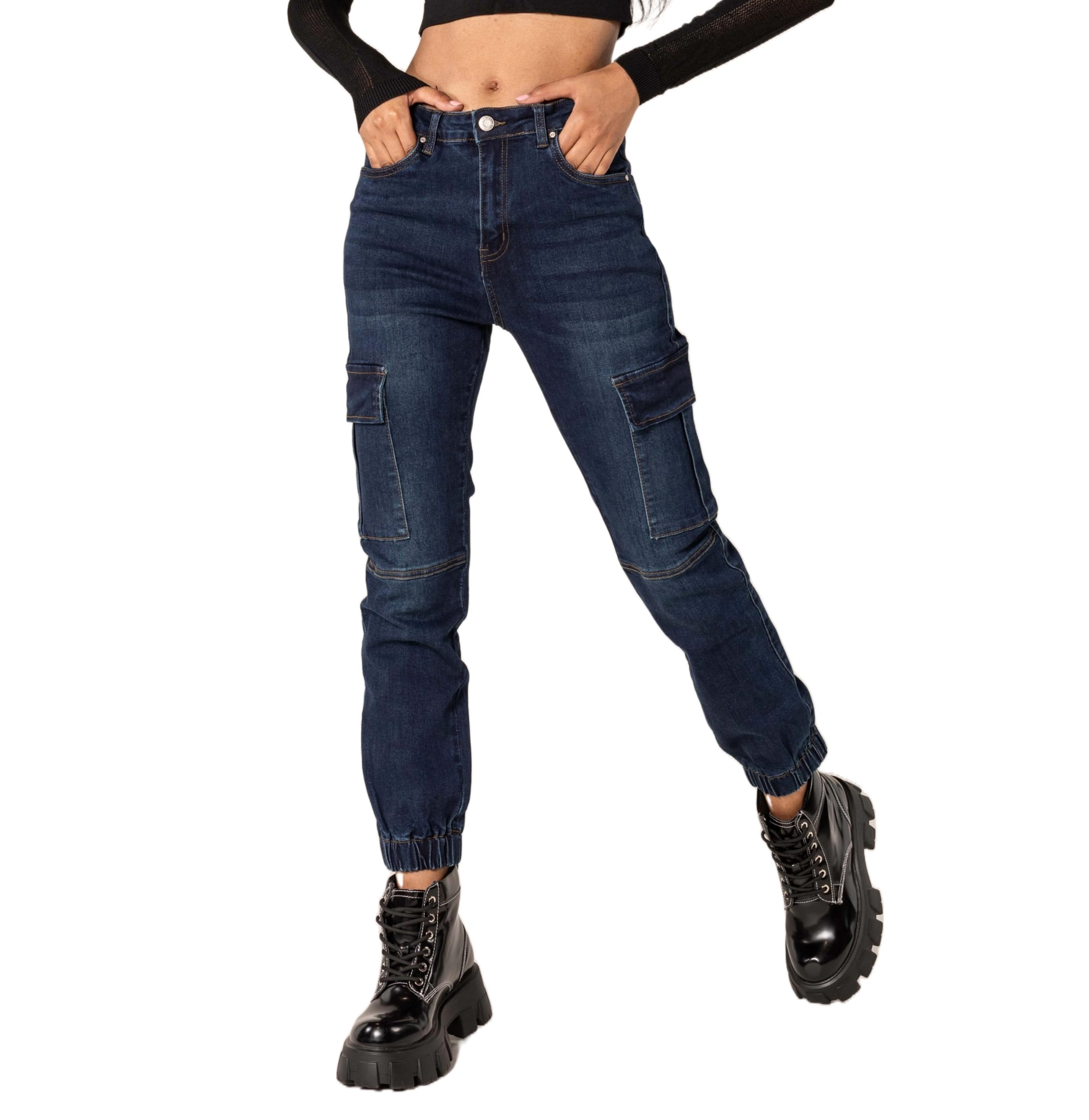 Nina Carter P219 Pantalones vaqueros cargo para mujer, cintura alta, corte relajado, puños elásticos, aspecto desgastado