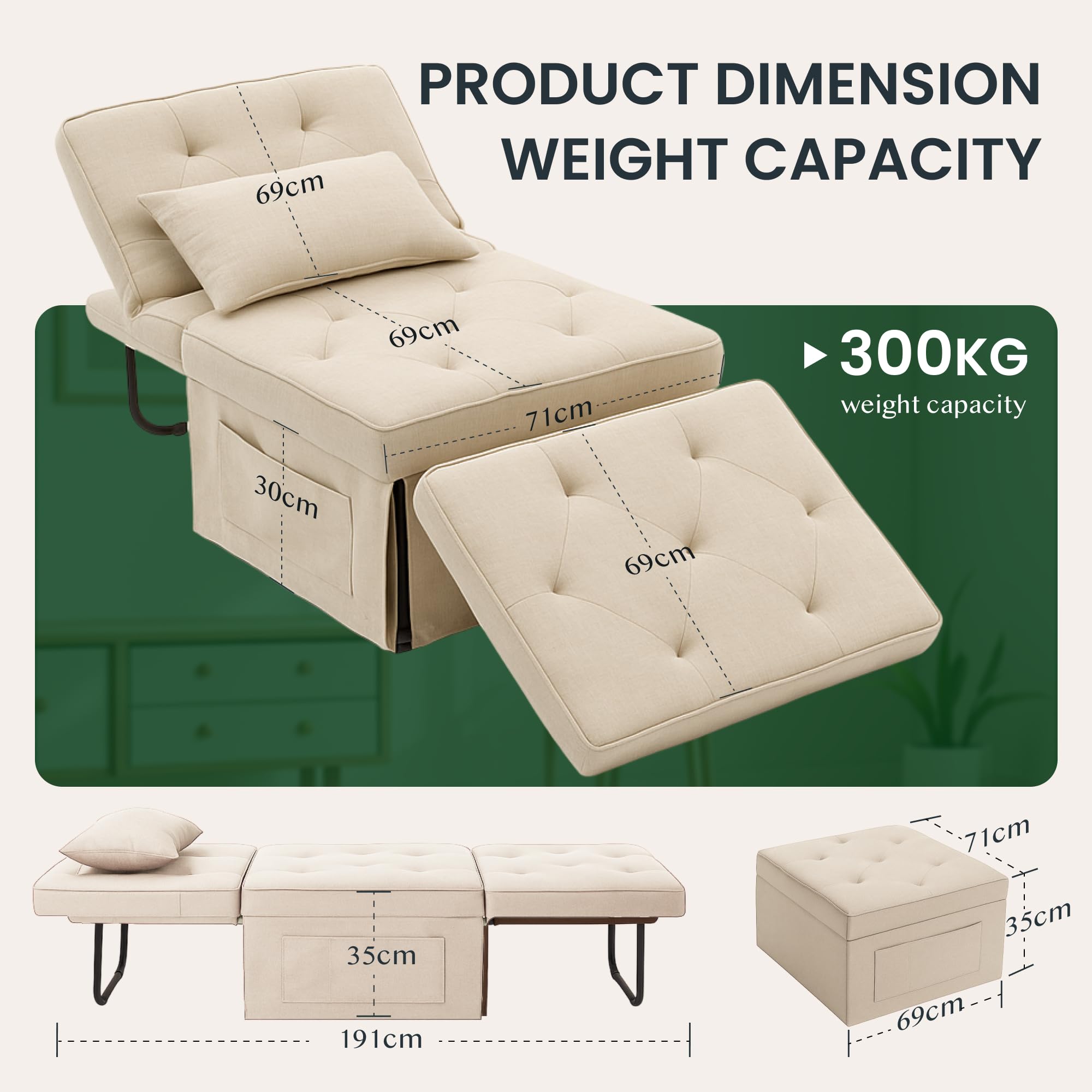 FLEXISPOT Poltrona Relax Pieghevole 3 in 1, Sedia a Sdraio Trasformabile con Funzione Letto, Portata 300 kg,Beige, 72×69×35 cm