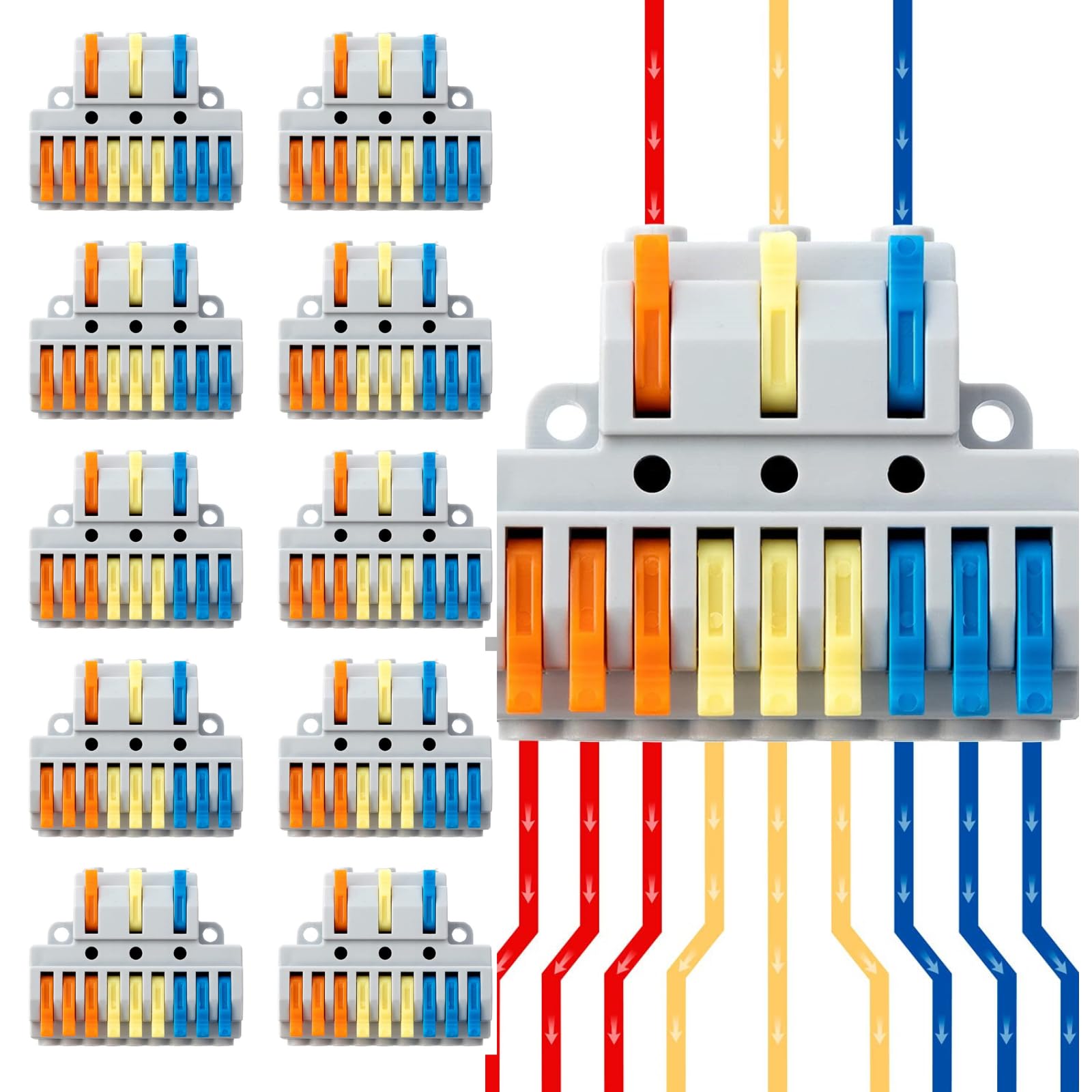 10PCS Lever Wire Connectors, 3 in 9 Out Quick Wire Connectors, Electrical Lever Nuts Wire Connectors Push-in Conductor Terminal Block AWG 28-12