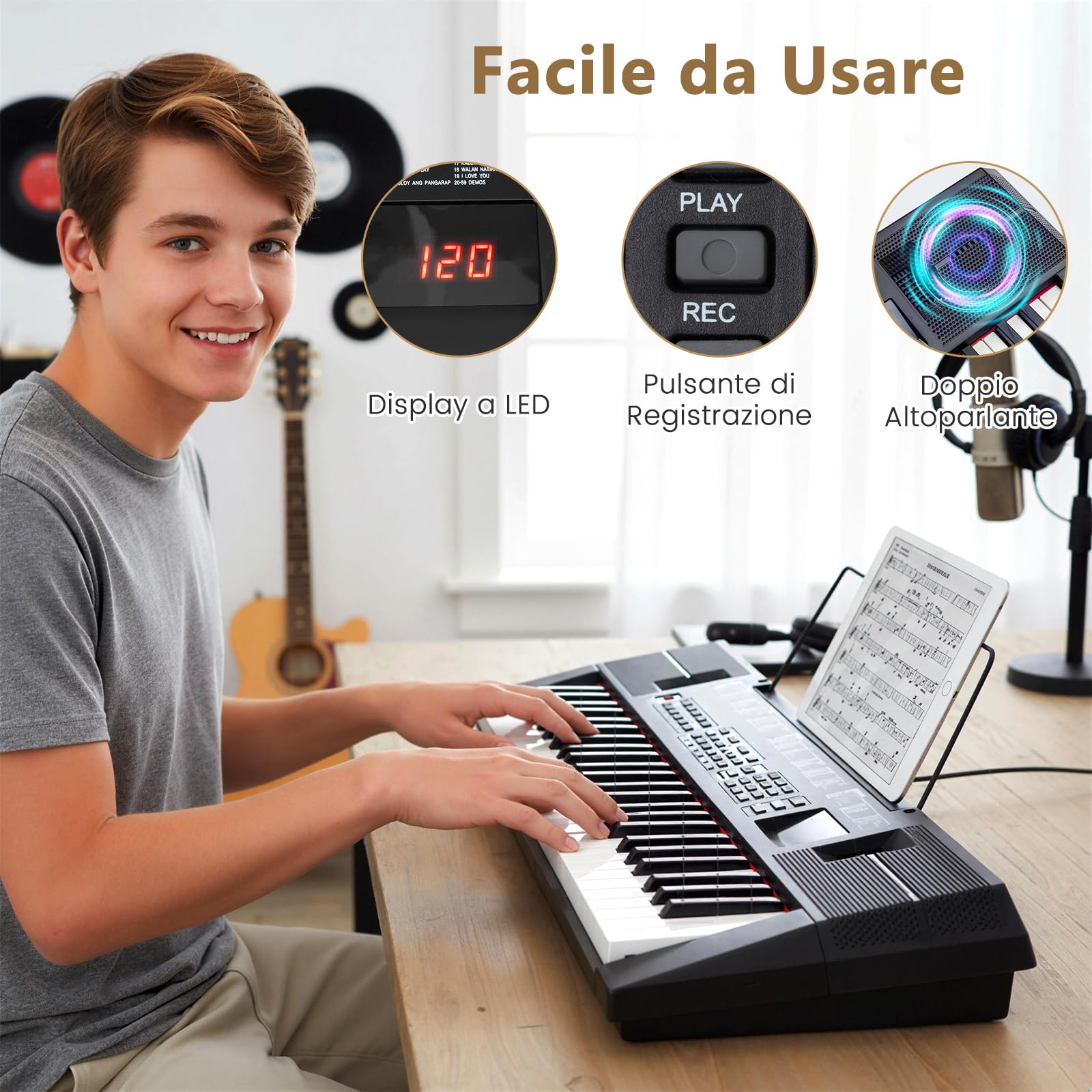 COSTWAY Tastiera Pianoforte a 54 Tasti per Principianti, Pianoforte Digitale con 200 Ritmi e 200 Suoni, 60 Demo, Leggio, Strumento Musicale Educativo per Bambini, Adolescenti e Adulti, Nero