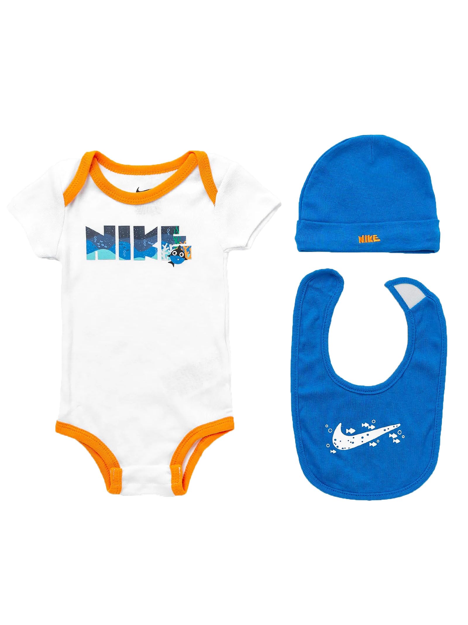 NIKE Baby 3-Piece Set, Bodysuit, Beanie, Bib White Blue Unisex Baby Girl Boy 6-12 Months