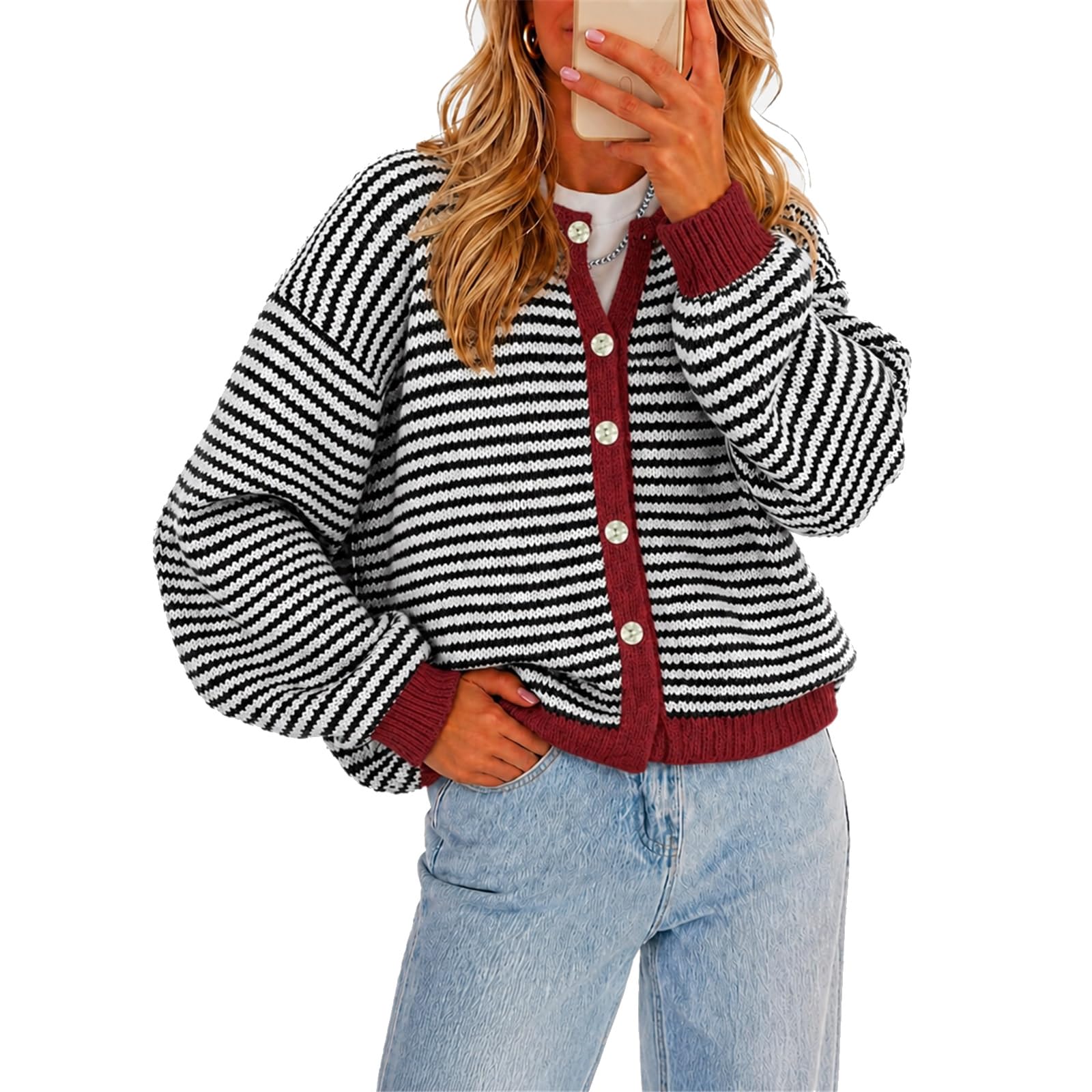 Strickjacke Damen Kurz Cardigan Gestreift Jacke Rundhalsausschnitt