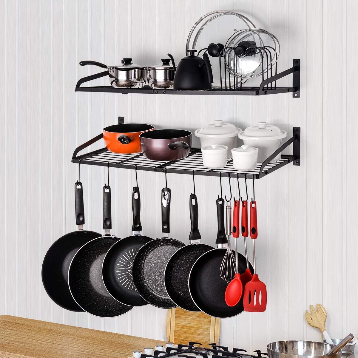 Sunix Pan Pot Rack, Wall Mounted 2-Tier Pan Hanging Racks, Pot Shelf Organizer with 10 Hooks and Pot Lids Holder