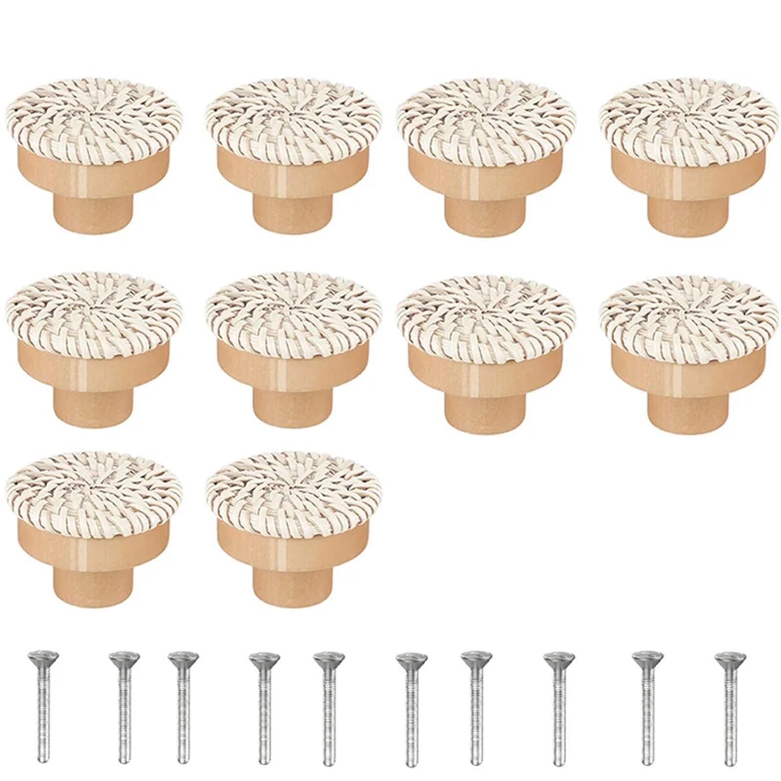 Lsnnmu White-10Pack 10Pcs Rattan Dresser Knobs Round Wooden Drawer Handmade Wicker Woven And Screws For Furniture For Home(White-10Pack)