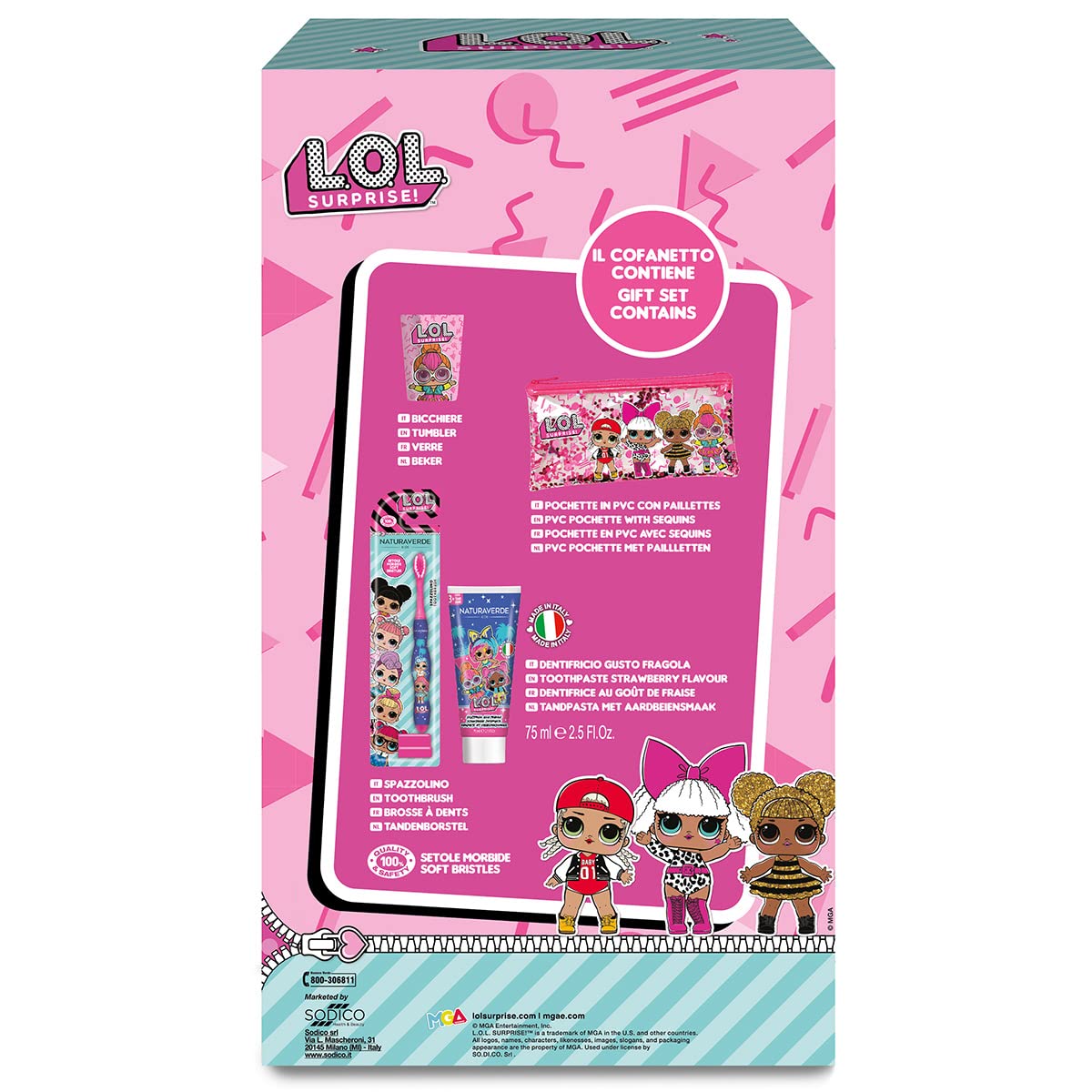 Naturaverde | Kids - Oral Care Set, Spazzolino da Denti Manuale con Setole Morbide, Dentifricio alla Fragola da 75ml, Bicchierino e Pochette Glitter