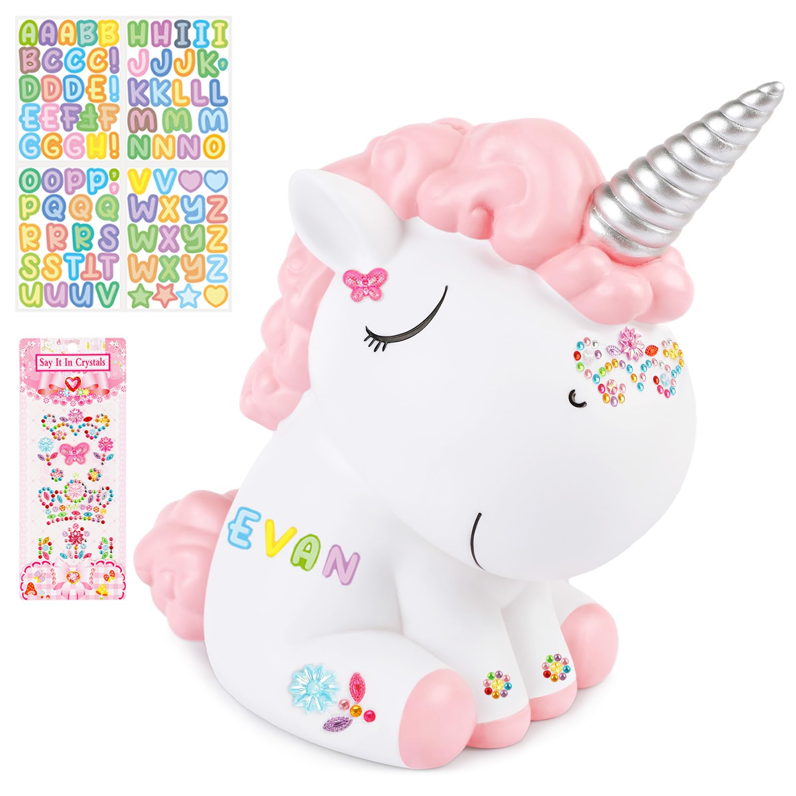 Salvadanaio a forma di unicorno con diamanti fai da te e adesivi alfabeto, infrangibile, regalo per compleanno e Natale