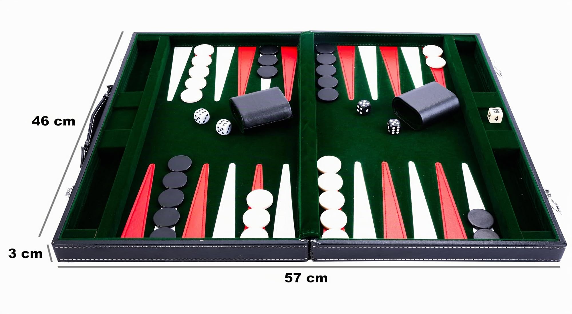 Engelhart 250518 – Backgammon Deluxe 18” (45.5 cm) Tablero pespunteado – Maletín Negro de Cuero sintético con asa – Verde, Rojo, Blanco – Juego portátil 2 Jugadores.