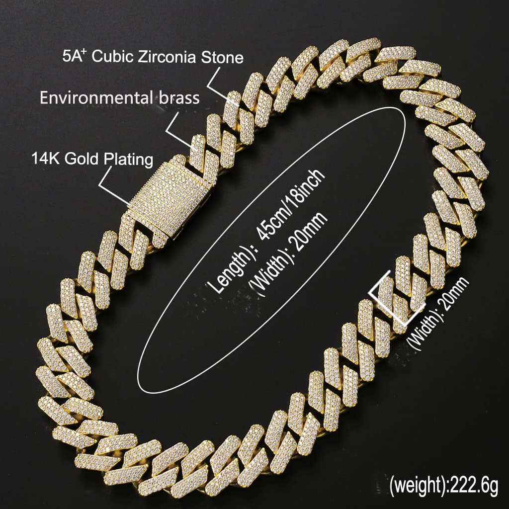 Collar de cadena de eslabones cubanos de 20 mm para hombre, chapado en oro blanco de 14 quilates, cadena brillante de Miami, diamantes de laboratorio, gargantilla de lujo, regalo de joyería