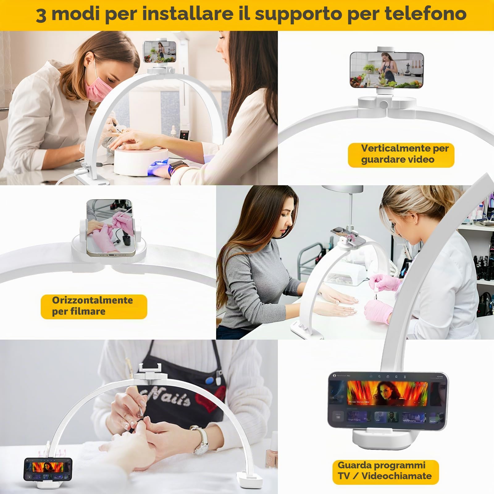 CGBE Mezza Luna Lampada per Unghie con Portacellulare per Tatuaggi Manicure | 30 Pollici - 45W - 3000-6500K Dimmerabile con 3 Modalità di Colore - LED Lampada da Scrivania per Unghie - Bianco