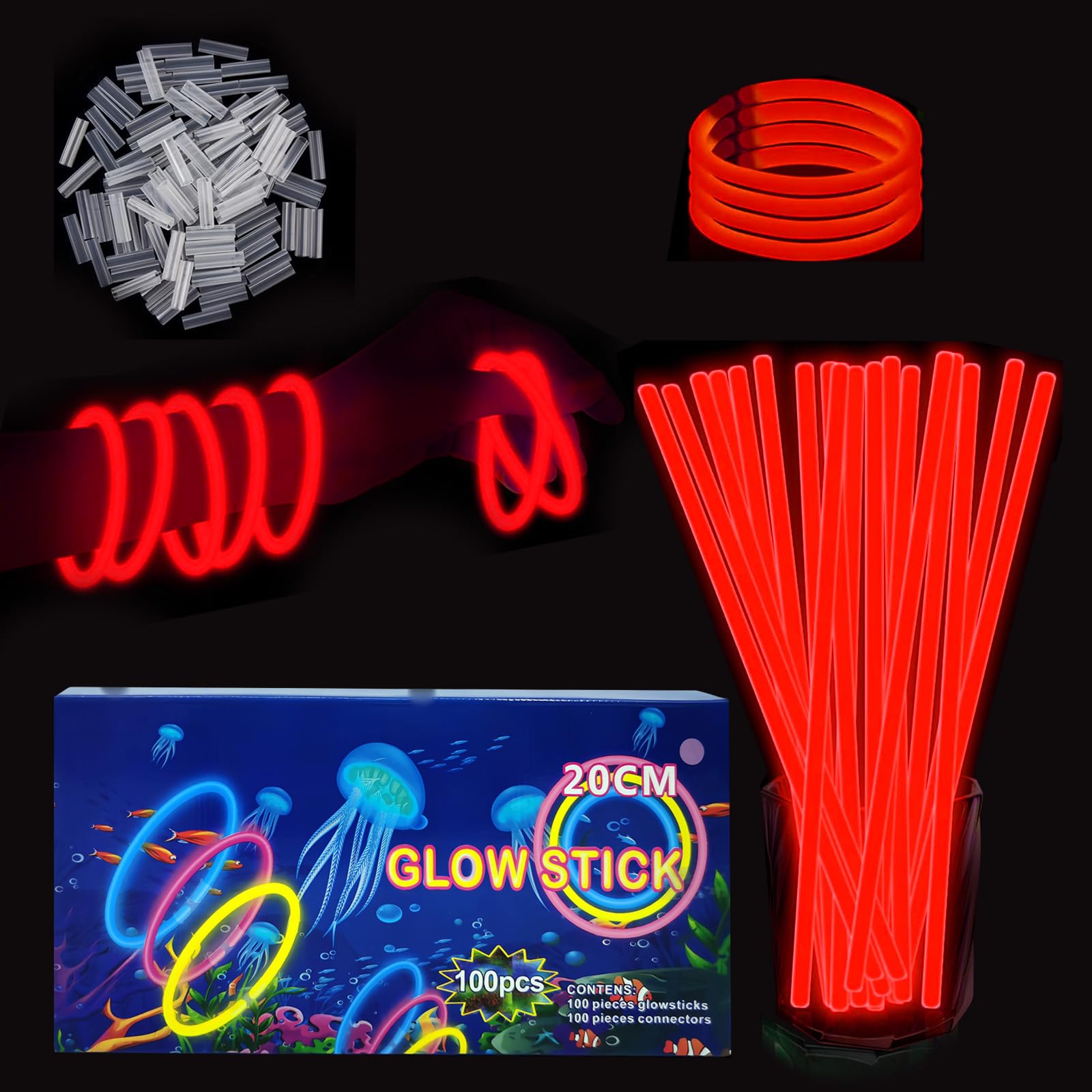 YAAVAAW 100Pcs Red Glow Sticks Party Packs,Glow in the Dark Party Supplies,Children Glow Stick Necklaces Bracelets,20cm Glowsticks Bulk for Kids Adults Halloween Christmas Easter Party Bag Fillers — image 1