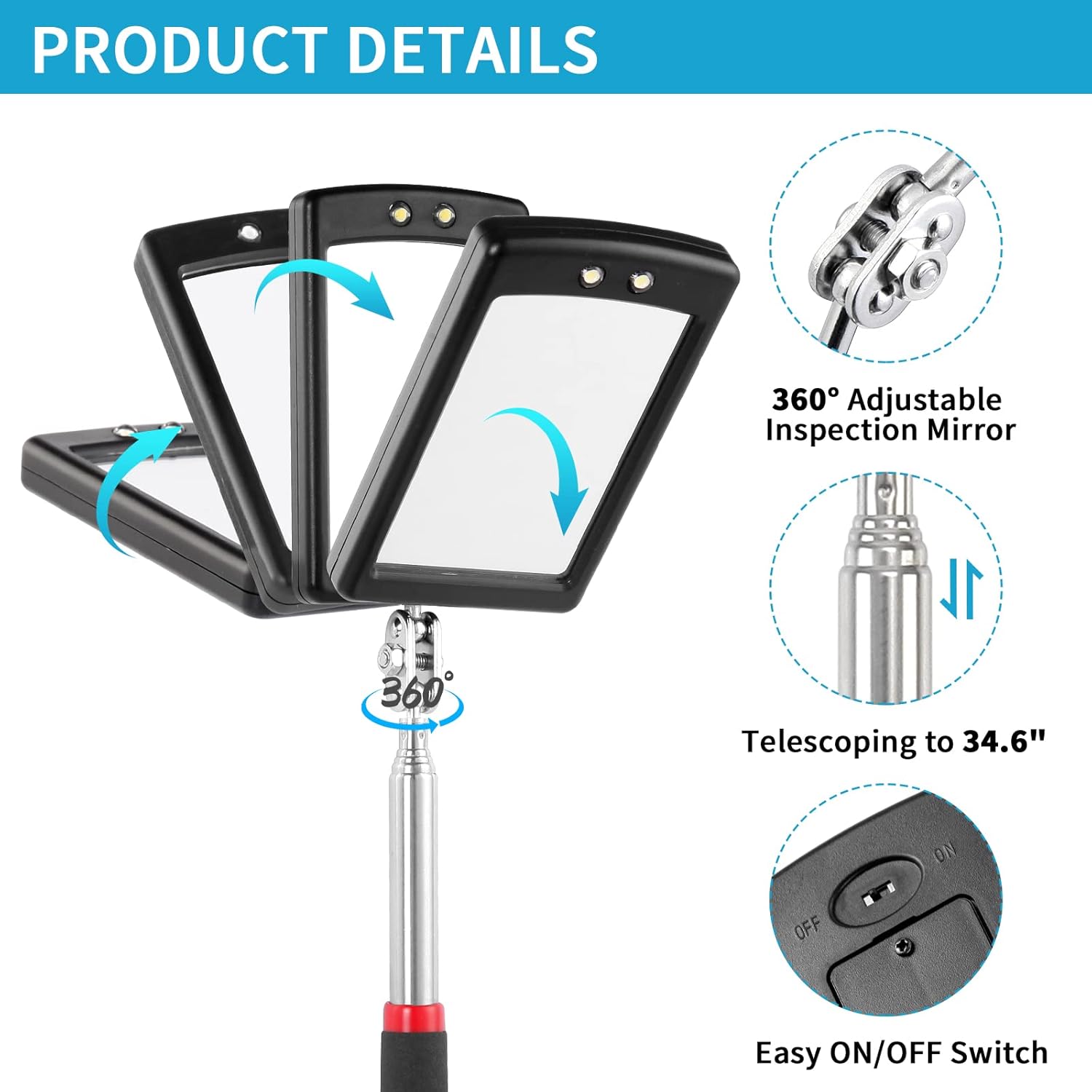 3 Pack Telescoping Inspection Mirrors LED Light & Magnet Flashlight Pickup Tool Set, Large 3.75" Round, 3.3" Square Mirror, for Inspection Viewing, Mechanic Checking, Observation