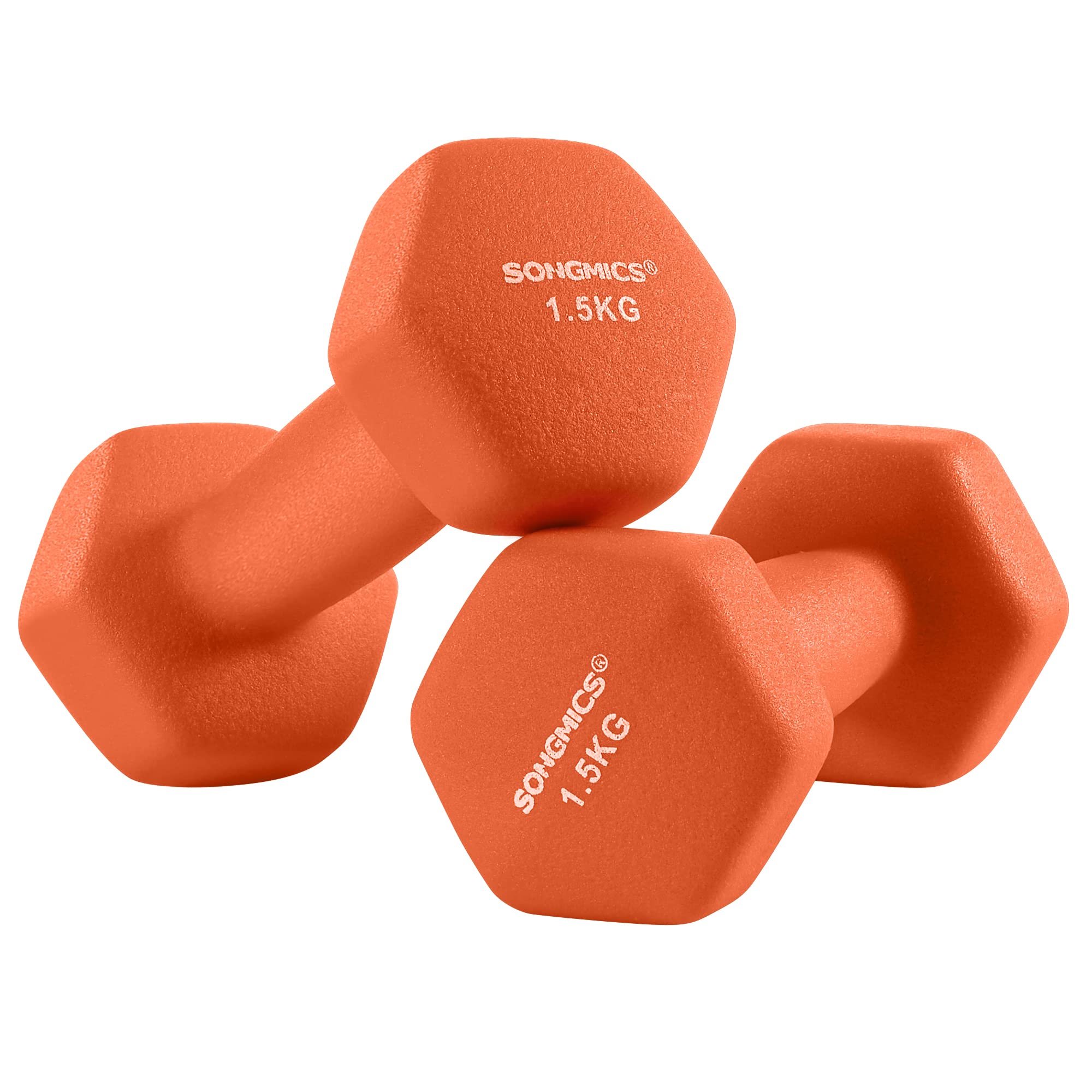 SONGMICS Hantle krótkie, zestaw 4 sztuk, w tym 1 kg, 2 z czego 1,5 kg, trening siłowy, do domu, biura, studia fitness, pomarańczowe i żółte SYL622YL