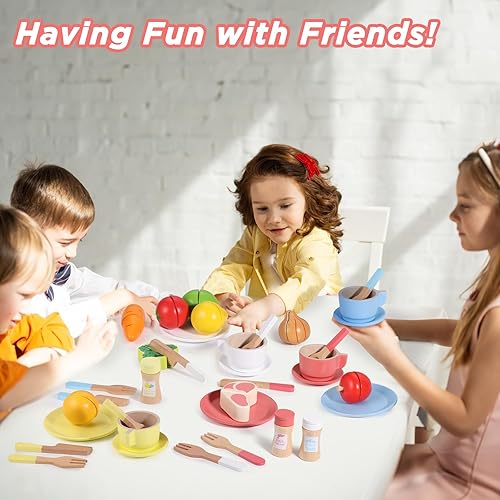 Miniatura 6 de GAGAKU Juego de platos y platos de madera para niños, juego de cocina de madera Montessori, accesorios de cocina, juguete de cocina para niños