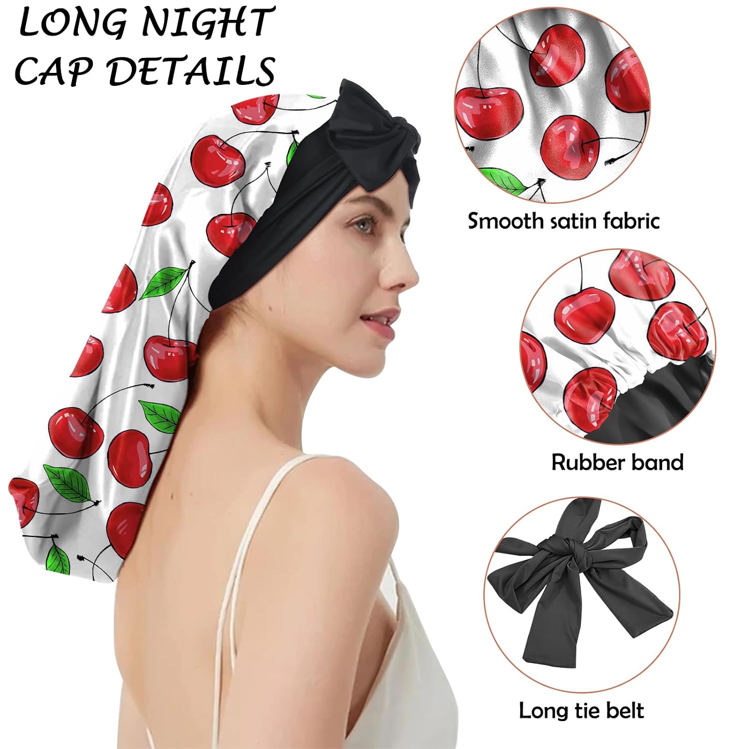 Silk Long Satin Hair Braid Bonnet for Sleeping Adjustable Double Layer Elastic Reusable Long Hair Caps Cute Aesthetic for Women Girls-Cherry image 5