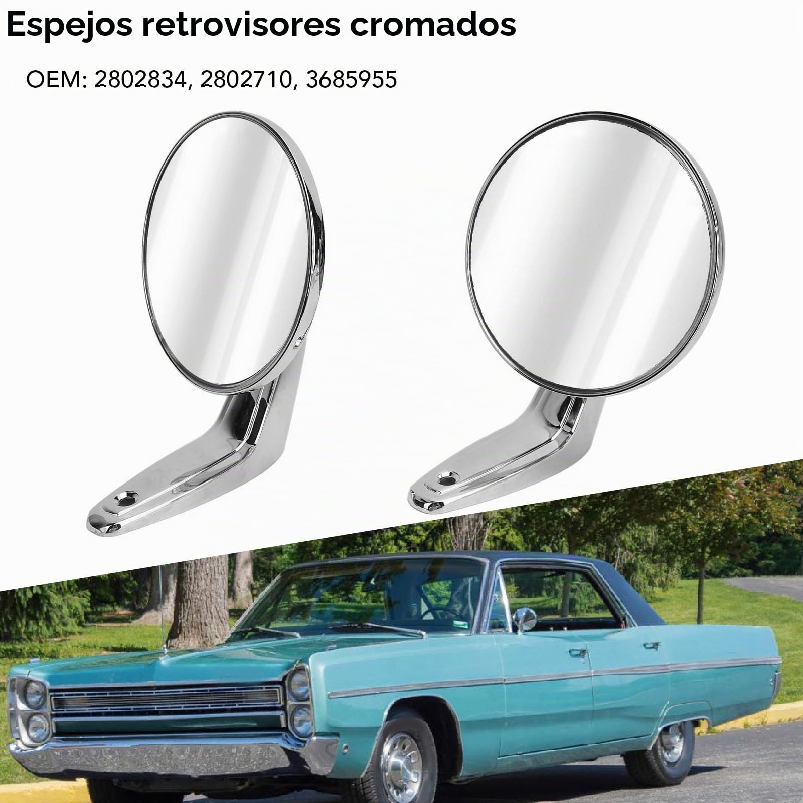 Clásico Ronda Espejo Universal para Belvedere Fury III GTX, 2802710 Zinc Aleación de Cromo Espejos laterales del coche, Conductor/Pasajero Espejo Retrovisor Exterior