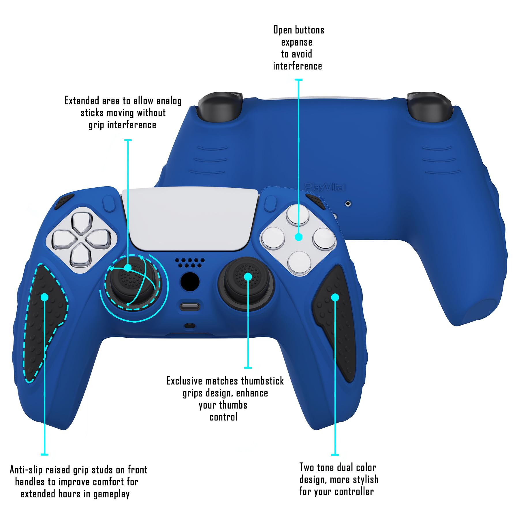 playvital Knight Edition Blue & Black Two Tone Anti-Slip Silicone Cover Skin for ps5 Controller, Soft Rubber Case for ps5 Wireless Controller with Thumb Grip Caps - 3
