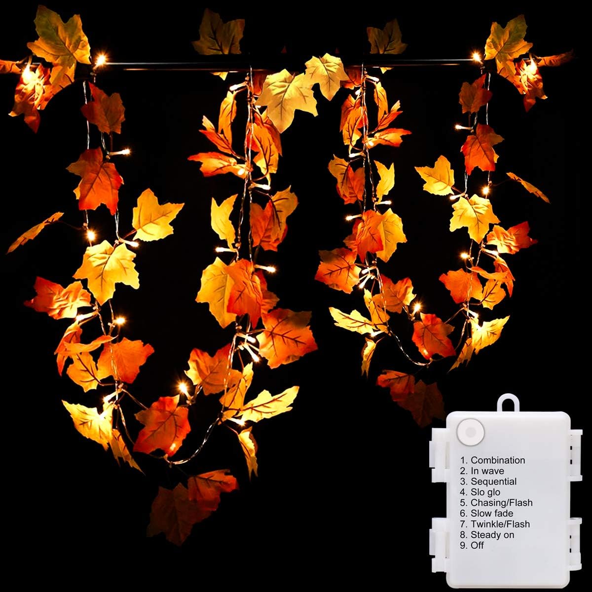 [8 Lighting Modes & Timer] Thanksgiving Decorations for Home Maple Leaf Garland with Lights 40LED Battery Operated Waterproof String Lights, Fall Decor Indoor Halloween Friendsgiving Autumn