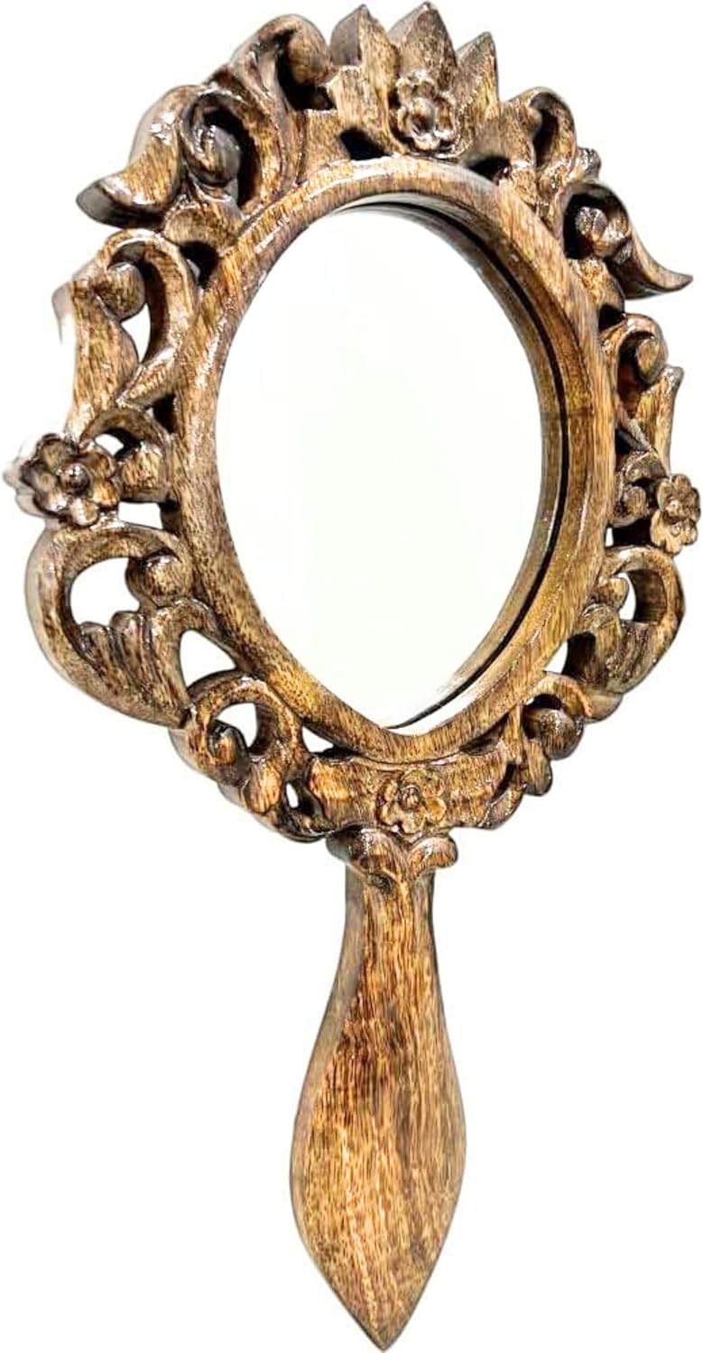 collectiblesBuy Vintage Wooden Handheld Mirror – Rustic Oval Shape with Handle, Portable Travel Makeup Mirror, Bathroom & Tabletop Cosmetic Accessory