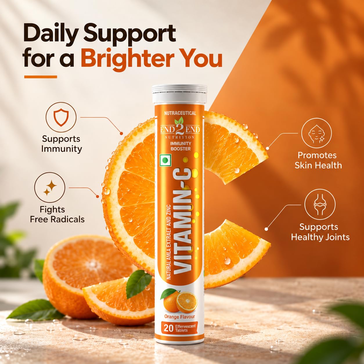 End2End Nutrition Natural Vitamin C - Amla Extract + Zinc for Immunity | Helps to Boost Collagen for Healthy Skin, Hair & Nails | Orange Flavour - 120 Effervescent Tablets — Amazon image 3
