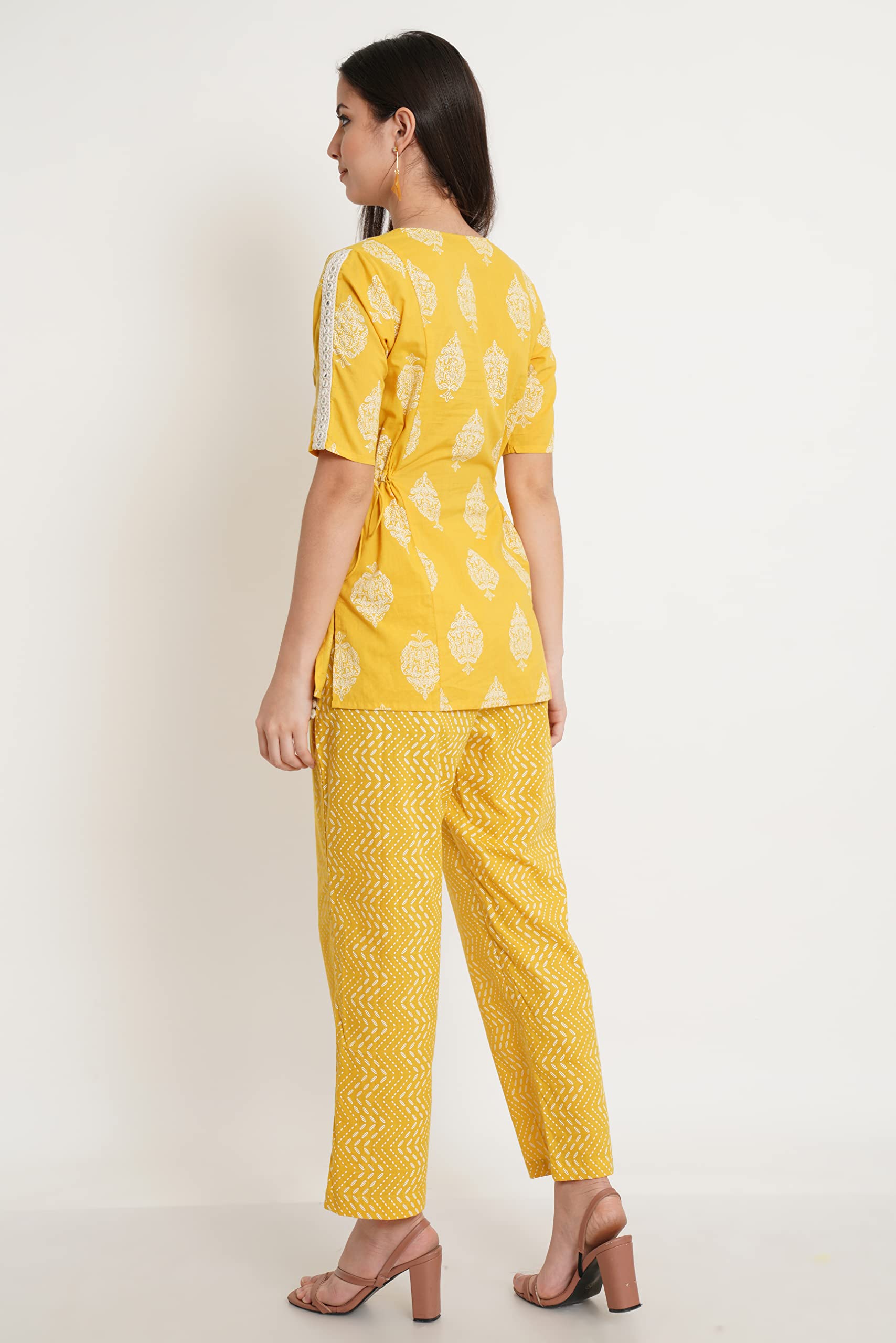 COTLAND Fashions Jaipuri Cotton Printed Top with Pants Co-Ord Set for Women (Mango Yellow) 2