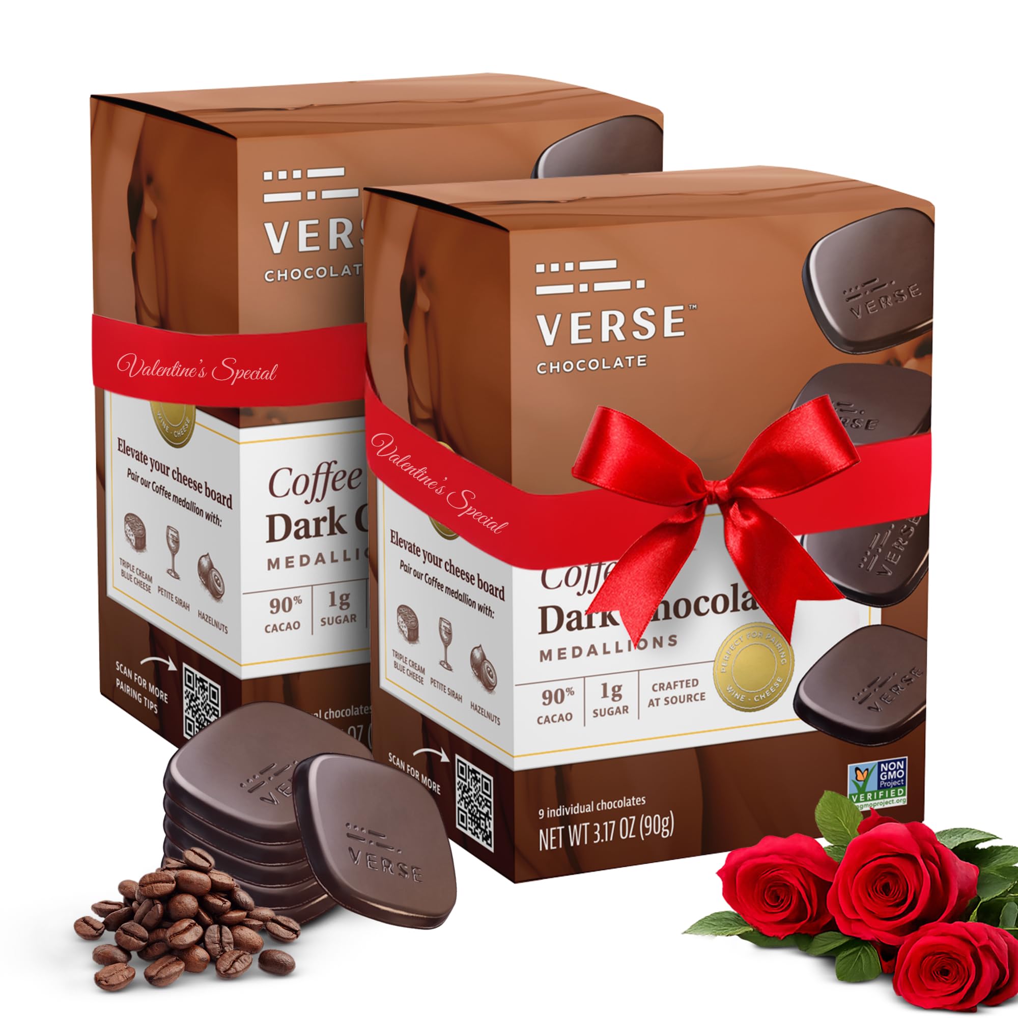 Verse Luxury Dark Chocolate Coffee Squares - Only 1g Cane Sugar - Coffee Flavored 90% Dark Cocoa - Individually Wrapped Cacao Chocolate Squares (9 Count, 2 Pack)
