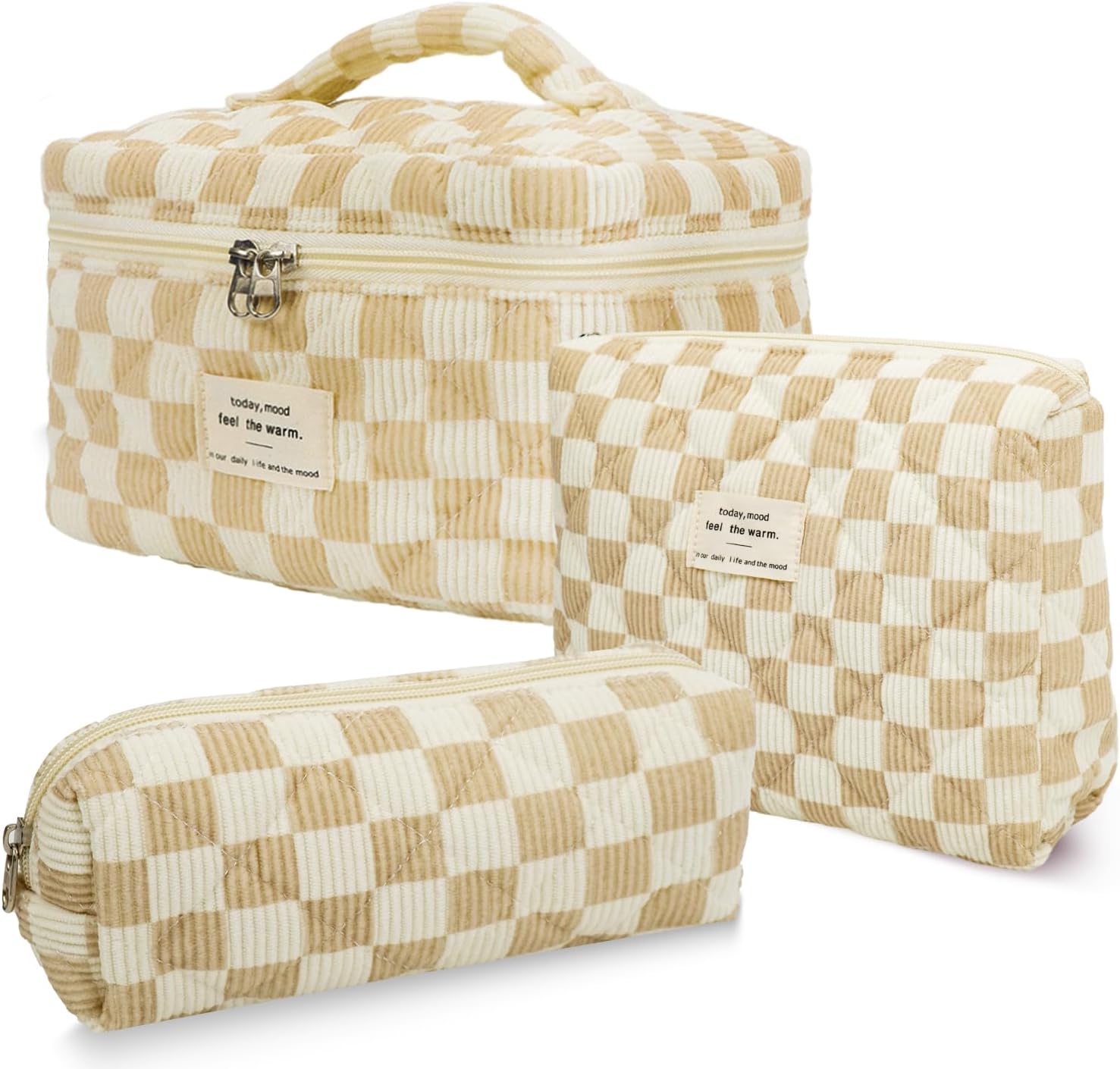 3Pcs Cotton Quilted Makeup Bag Set,Large Floral Cosmetic Bag,Aesthetic Toiletry Travel Makeup Bag Set and Cute Flower Bag for Women Girls (White Brown Plaid)