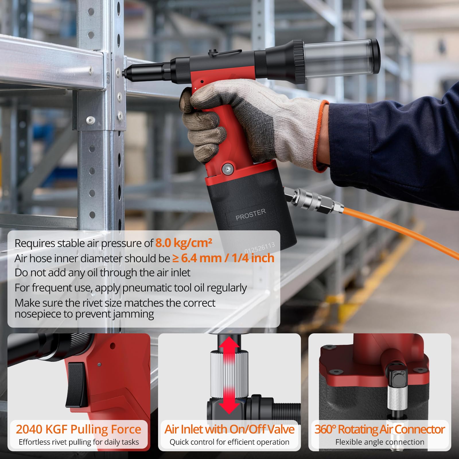 Proster Remachadora Neumatica 2450KGF Pistola Remachadora de Aire con 360°Conector de Aire Giratorio y 5 Tamaños de Boquilla 2,4-6,4mm para Mecánicos, Marinos y Automoción